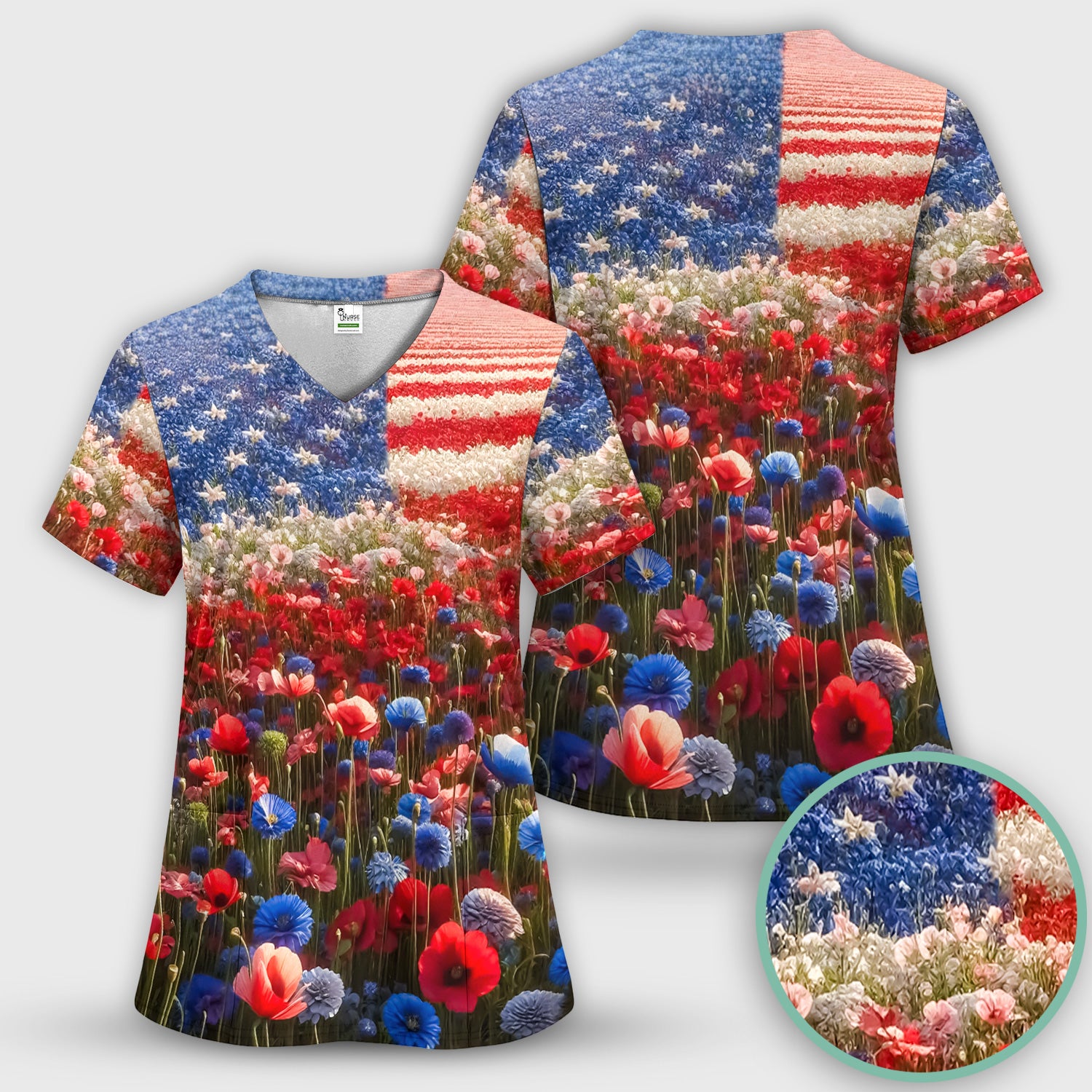Festive Nurse American Flag Wildflower Field Scrub Top, Breathable Fabrics Nursing Uniform