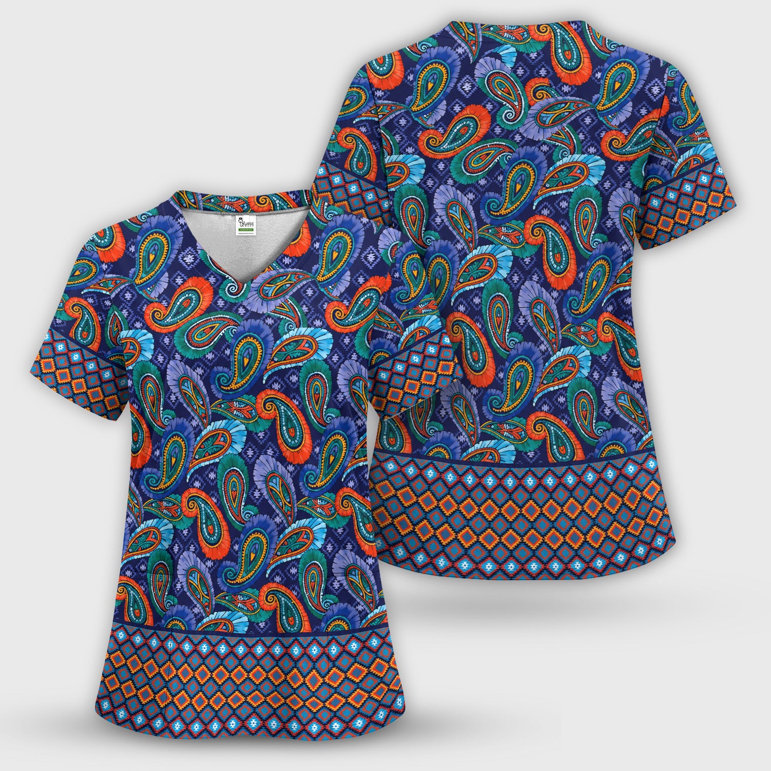Colorful Paisley Geometric Border Pattern Scrub Set, Scrub Pants and V Neck Top