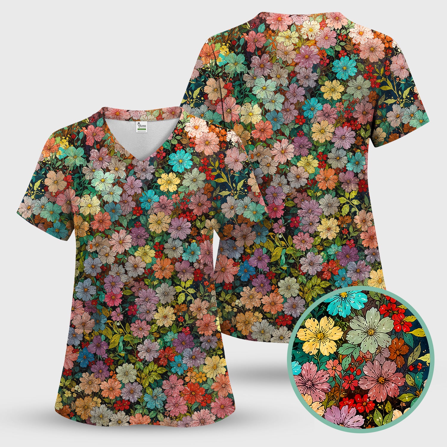 Colorful Wildflower Garden Bloom Pattern Scrub Top, Comfortable Scrubs for Nurses