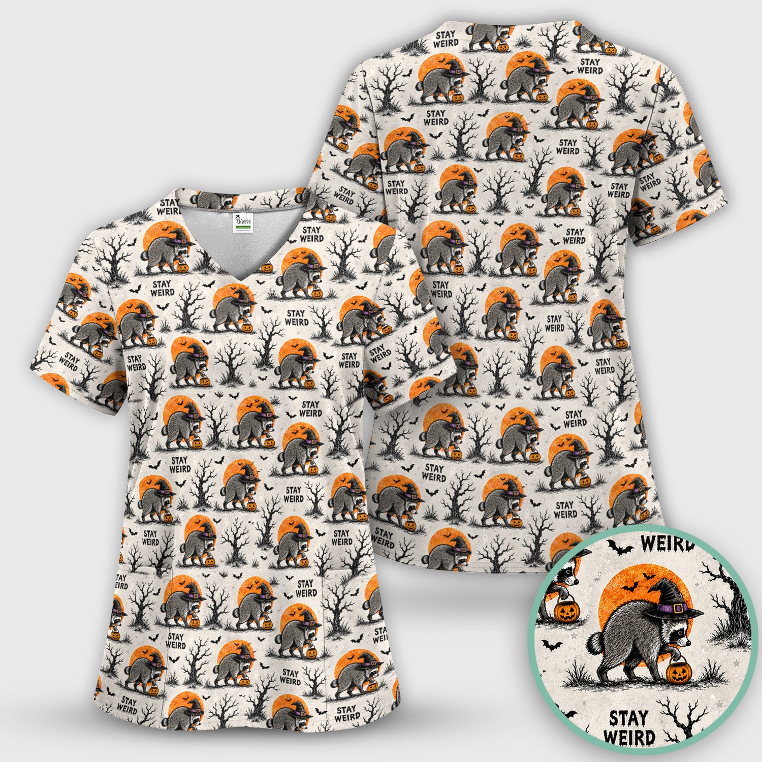 Funny Stay Weird Halloween Raccoon Scrub Top, Comfortable Scrubs for Nurses