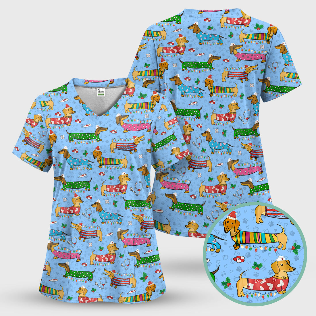 Christmas Dachshund Nurse Scrub Top - Cute Wiener Dog in Holiday Outfit - Funny Medical Shirt Gift for Women RN LPN CNA