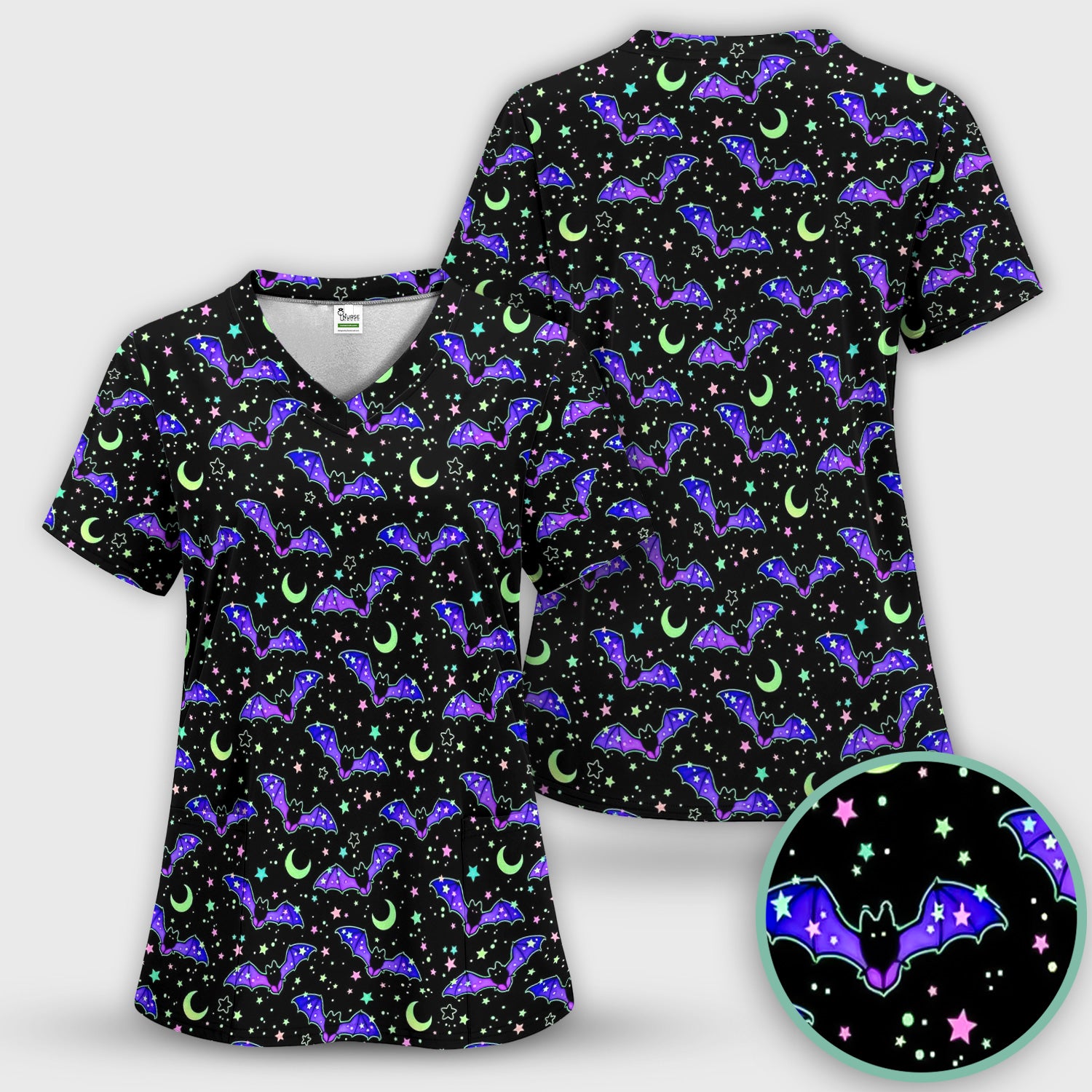 Spooky Halloween Celestial Bat Scrub Set, Scrub Pants and V Neck Top