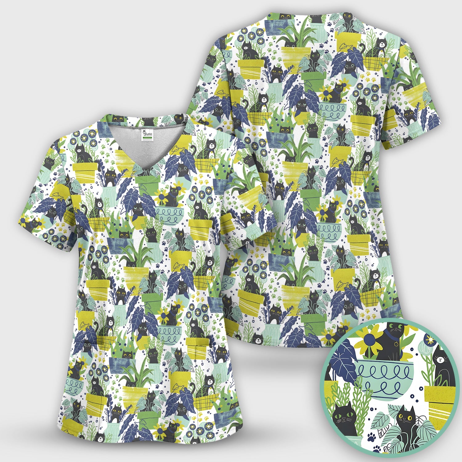 Black Cat Planter Garden Pattern Scrub Top, Comfortable Scrubs for Nurses