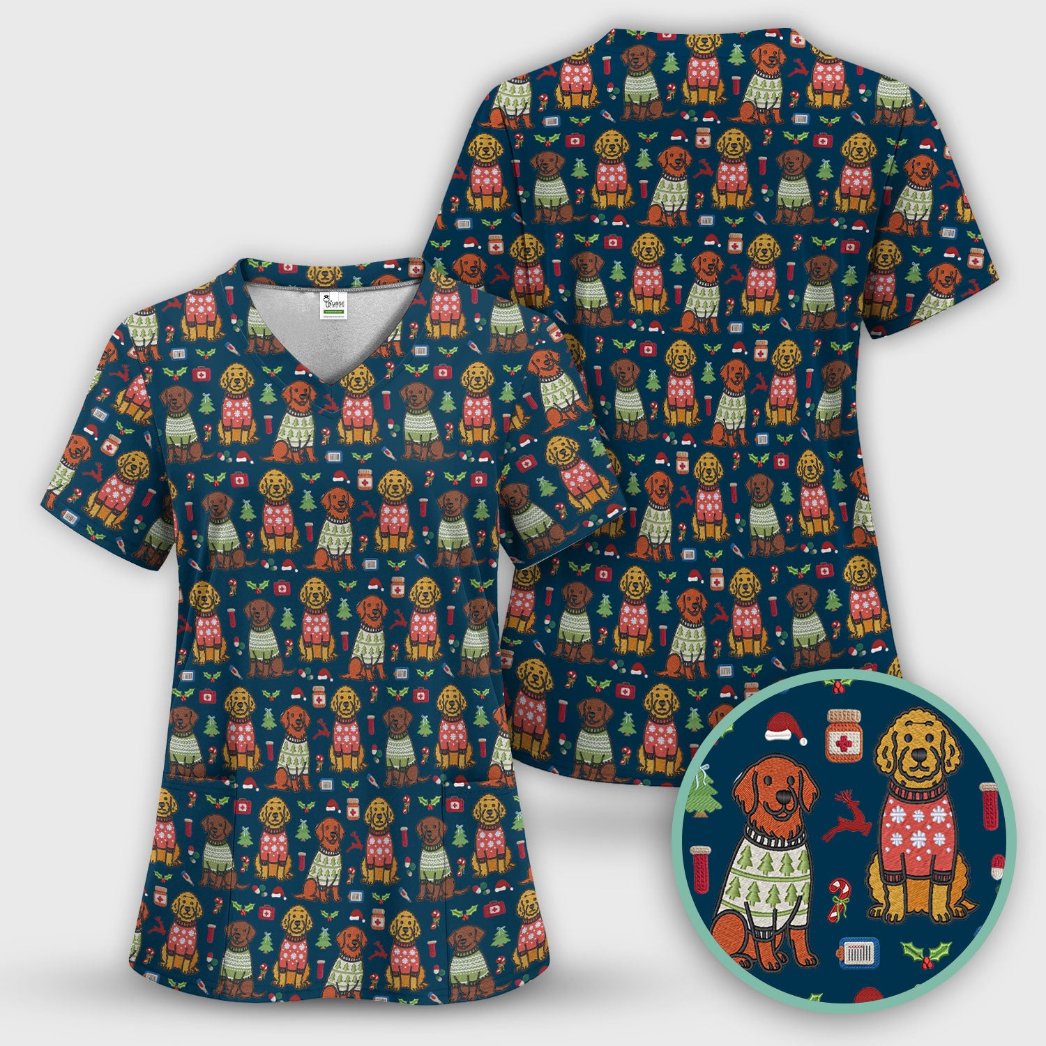 Golden Retriever Christmas Scrub Top, Cute Holiday Dog Nurse Pattern Shirt, Breathable Fabrics Nursing Uniform
