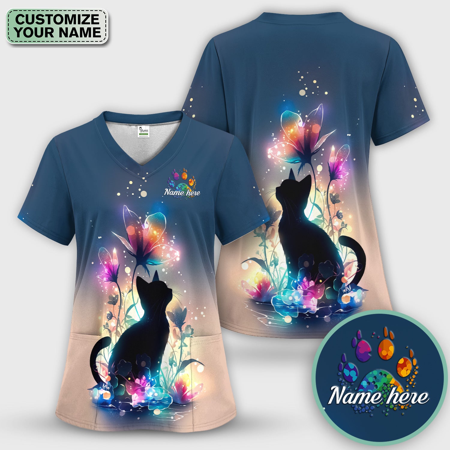 Custom Name Cat Floral Glow Pattern Scrub Top, Breathable Fabrics Nursing Uniform