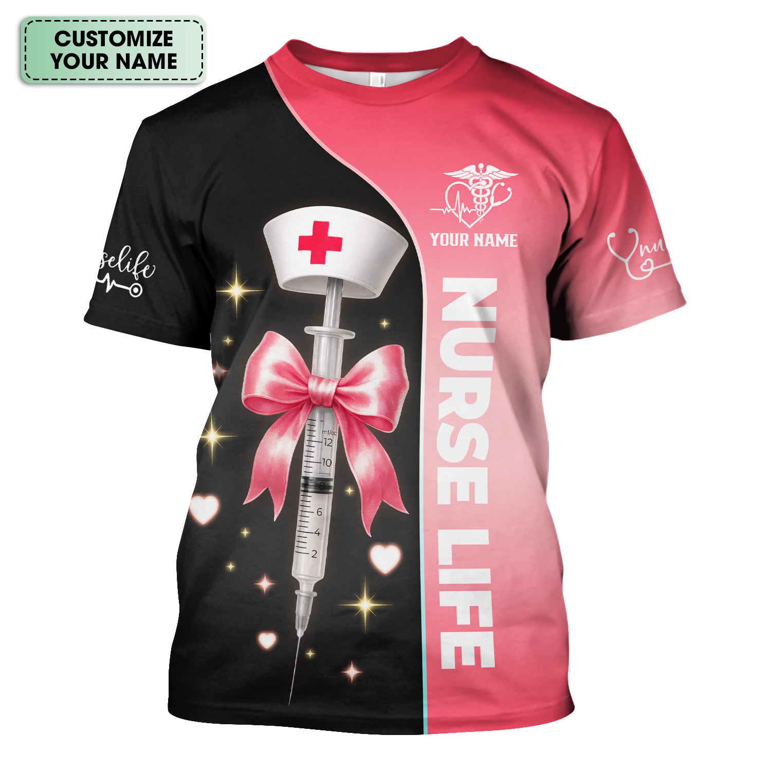 Personalized Nurse Life Scrubs for Women RN LPN CNA - Cute Pink and Black Syringe Bow Design - Funny Medical Quote Gift for Healthcare Workers in Nursing Field