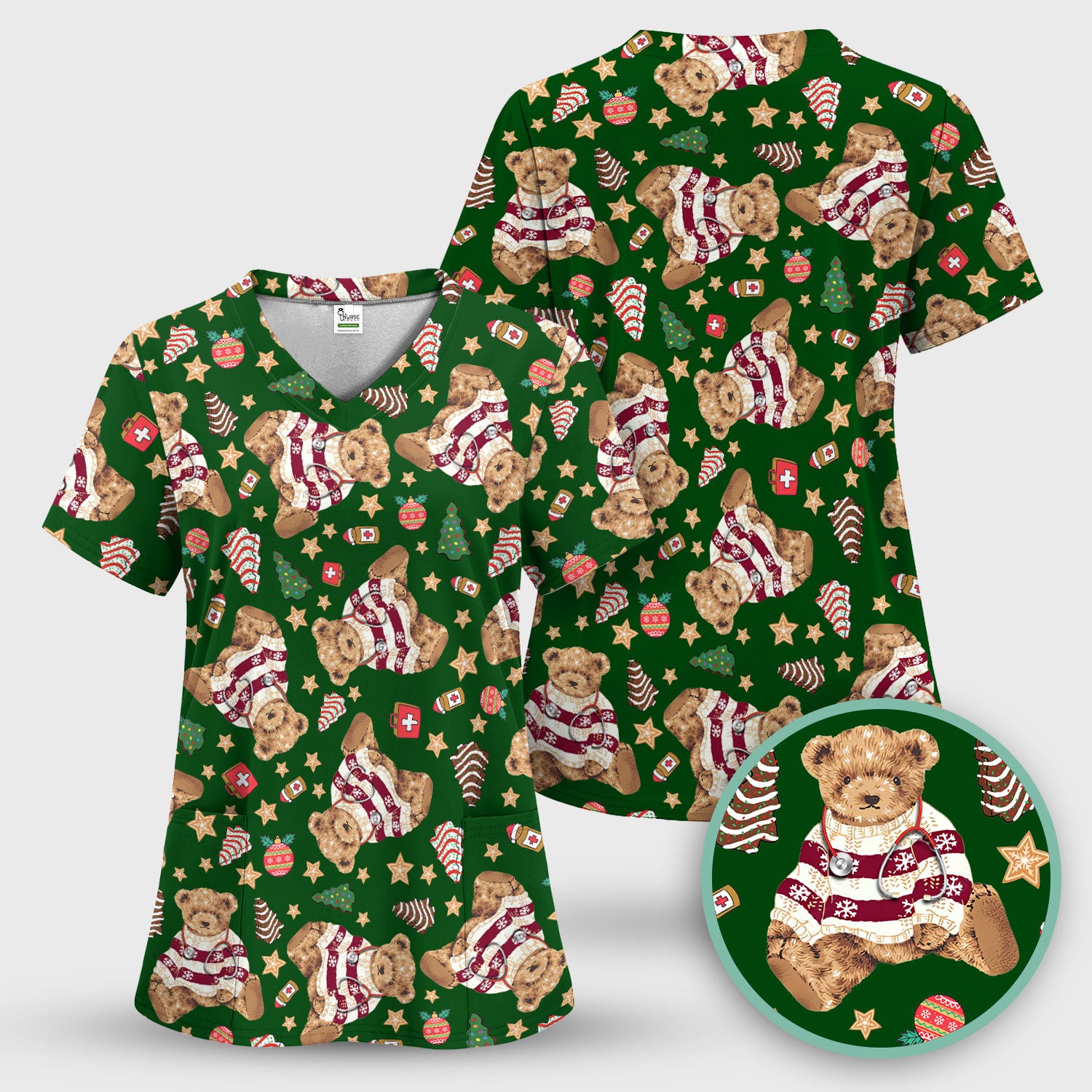 Teddy Bear Christmas Scrub Top - Cute Holiday Medical Pattern with Warm Sweater Bear - Gift for Nurses RN CNA LPN