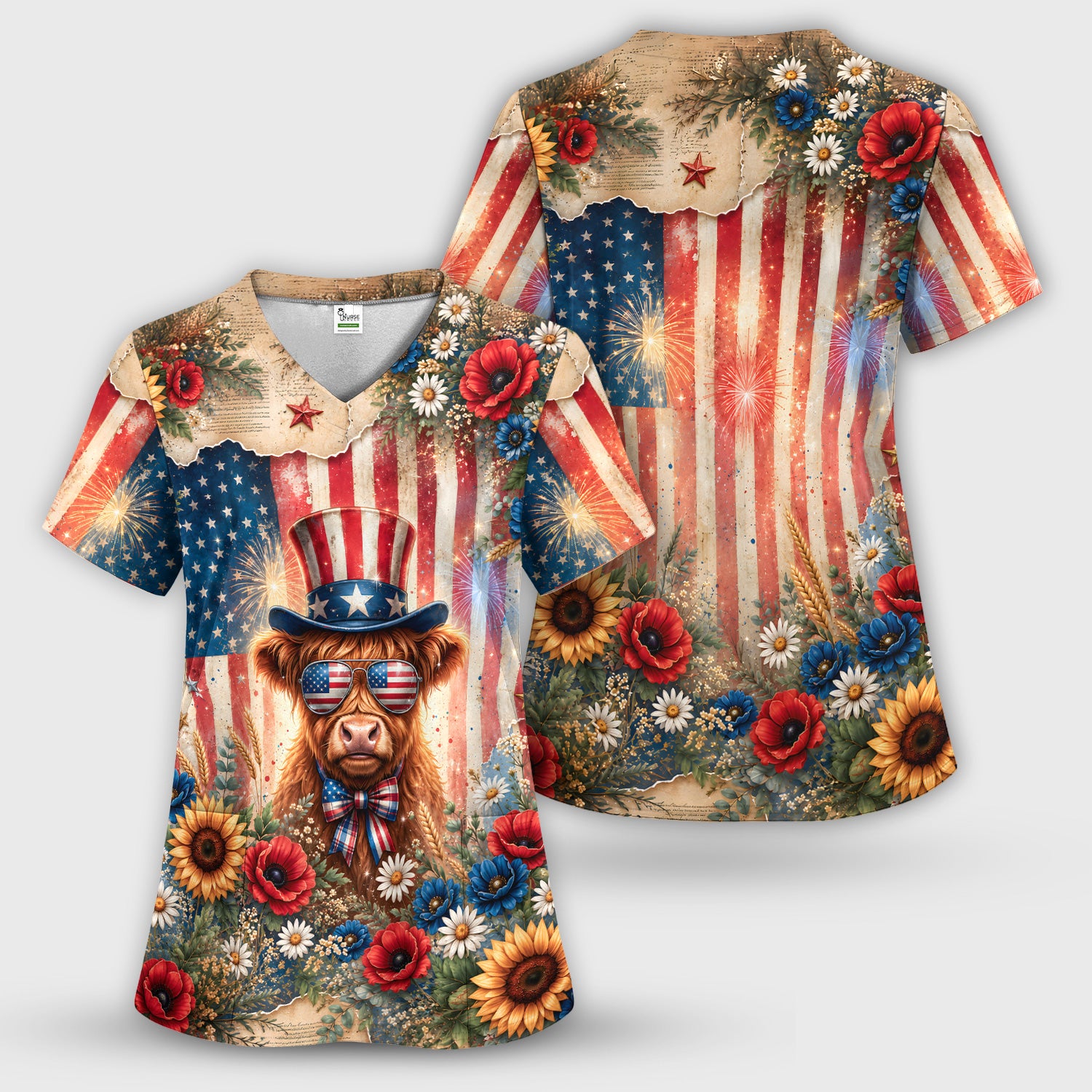 Patriotic Highland Cow Nurse for RN, CNA, Healthcare Workers Scrub Top, Comfortable Scrubs for Nurses
