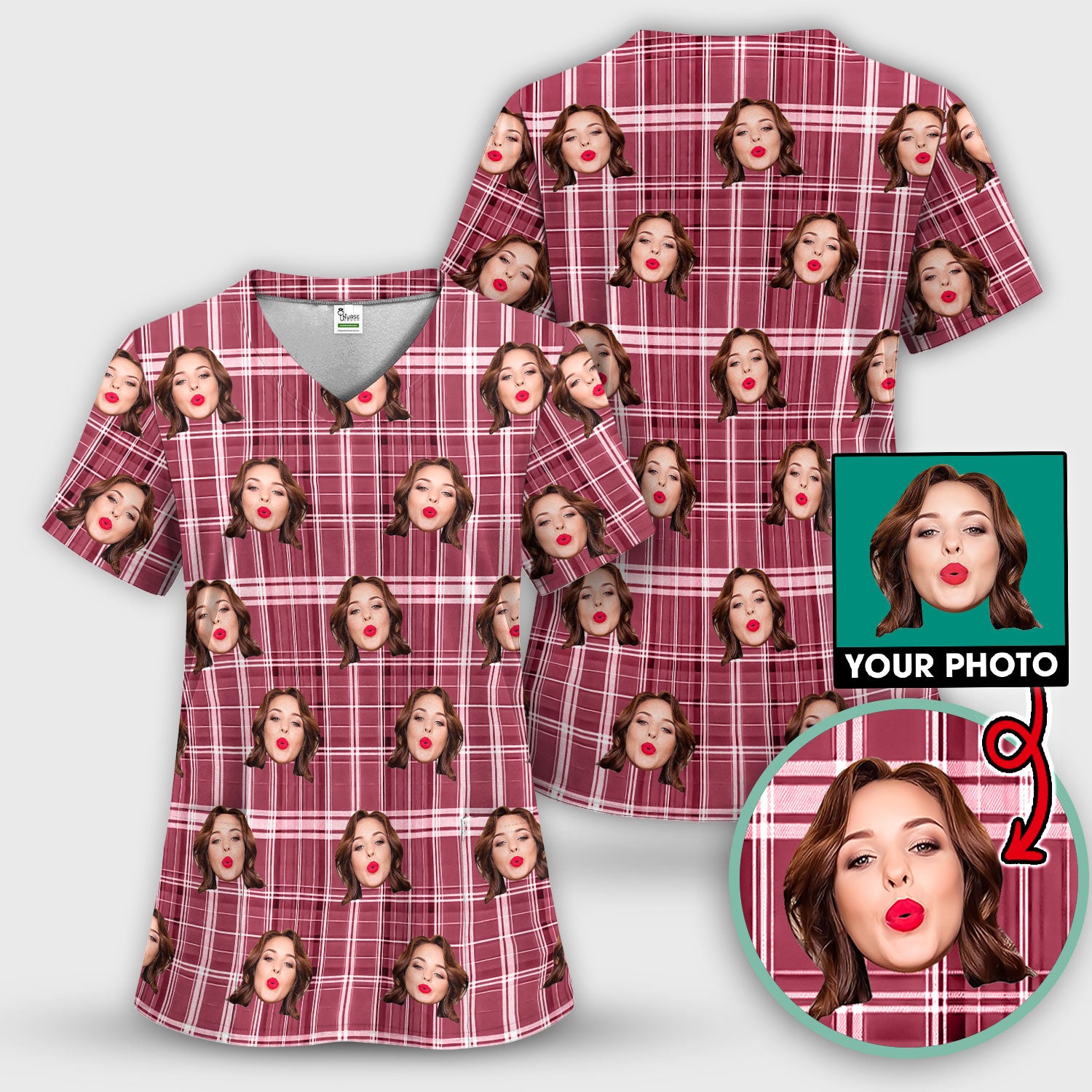 Personalized Funny Face Plaid Scrub Top, Custom Photo Pattern Medical Shirt, Breathable Fabrics Nursing Uniform