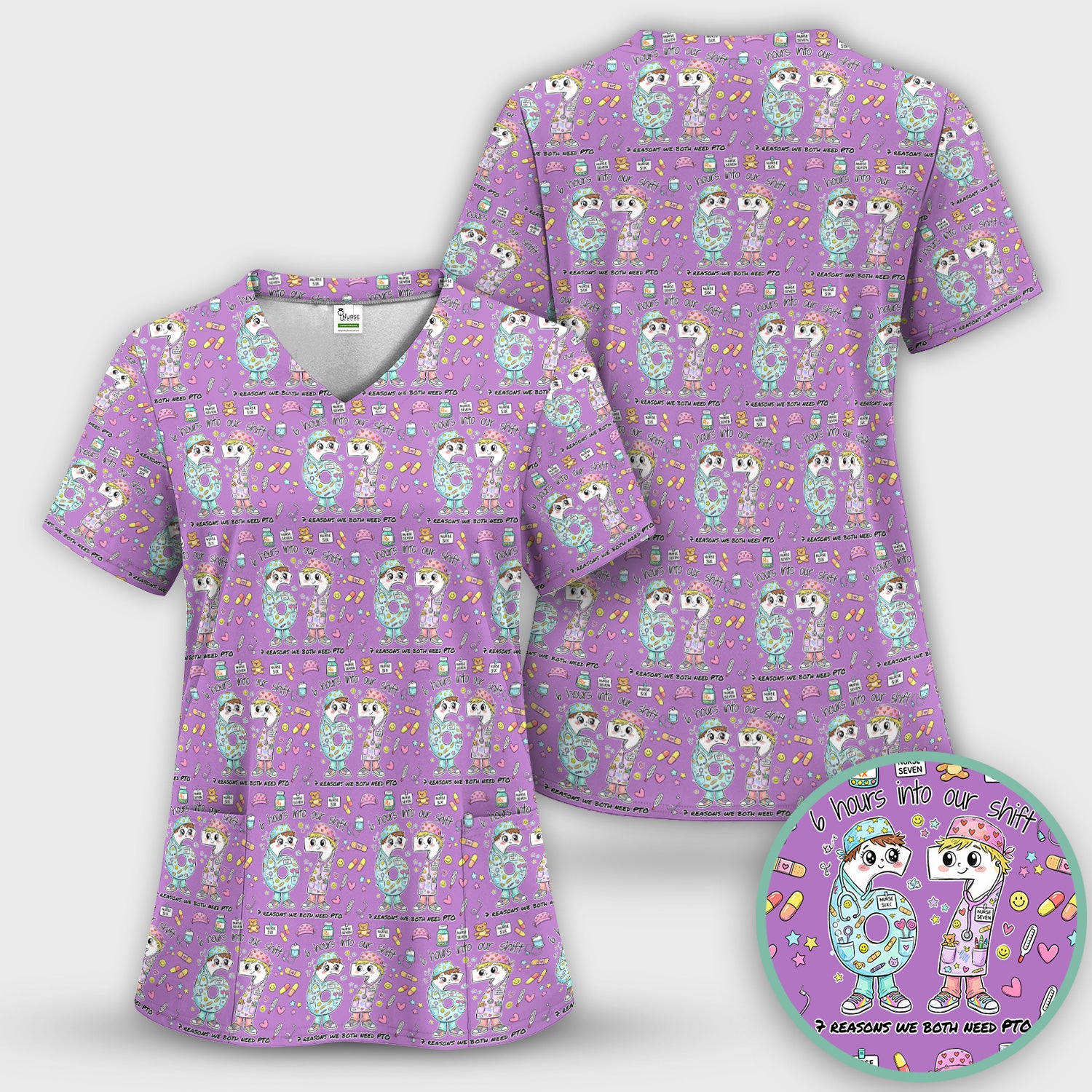 Cartoon Characters Six Hours Into Shift With Medical Doodle Scrub Set, Breathable Med Uniform