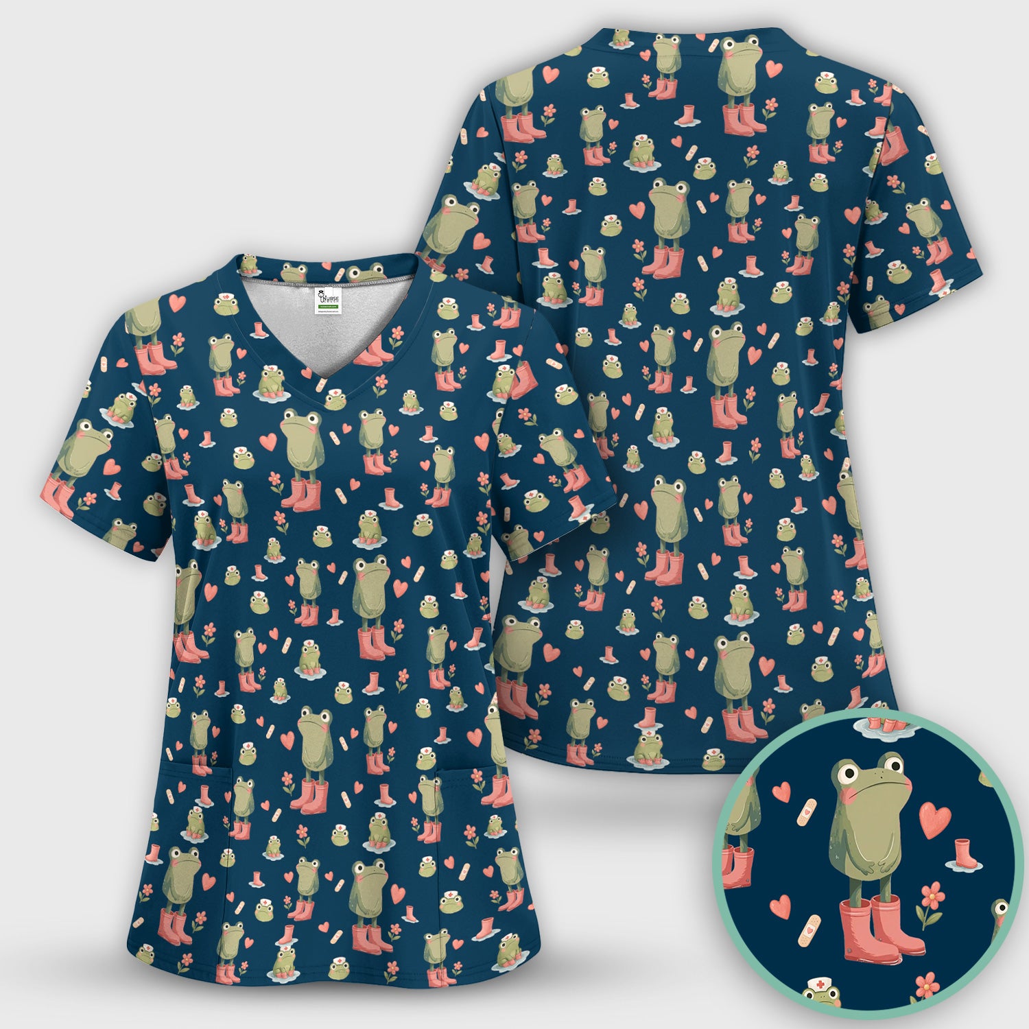 Adorable Frog Boots Heart Pattern Scrub Top, Comfortable Scrubs for Nurses
