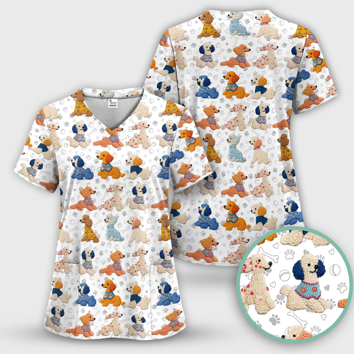 Cute Colorful Poodle Pattern Scrub Top, Comfortable Scrubs for Nurses