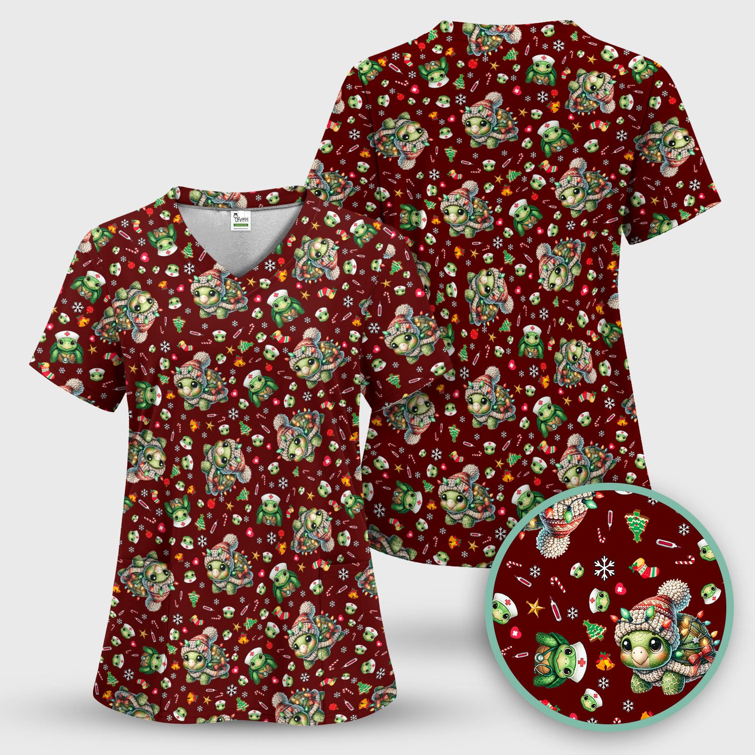 Christmas Turtle Scrub Top - Cute Funny Nurse Shirt - Holiday Medical Uniform for Women RN LPN CNA Gift Idea