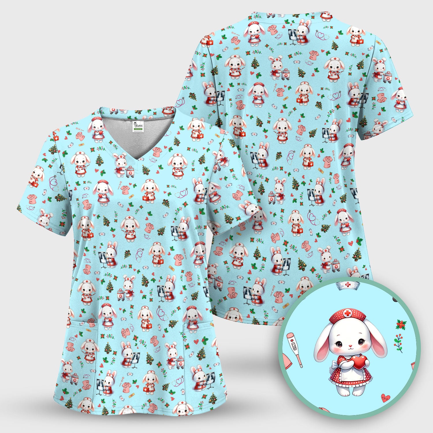 Cute Bunny Scrub Top for Nurse - Adorable Christmas Rabbit Shirt - Funny Holiday Medical Shirt Gift for Women RN LPN CNA