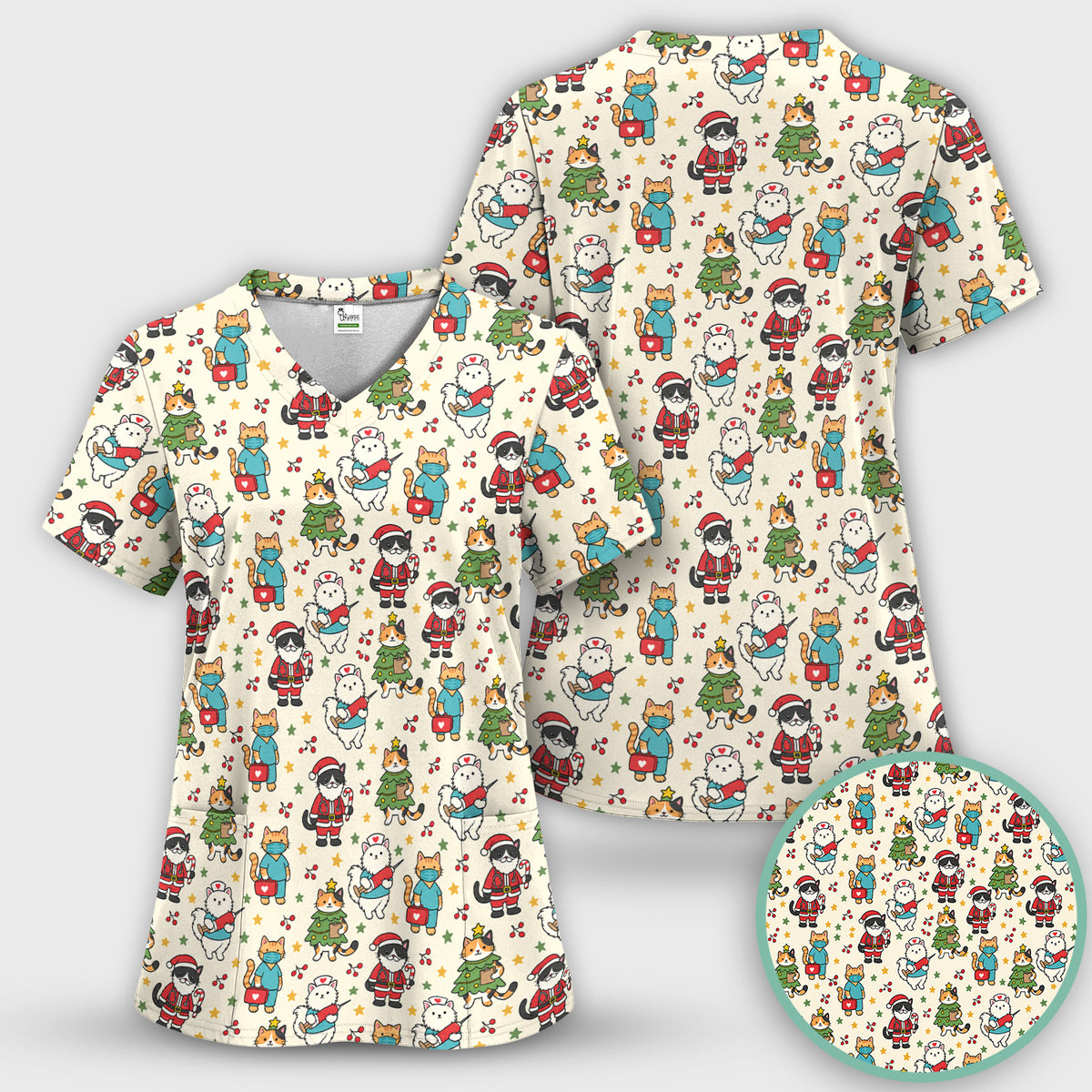 Christmas Cats In Nurse And Santa Outfits Scrub Set, Scrub Pants and V Neck Top