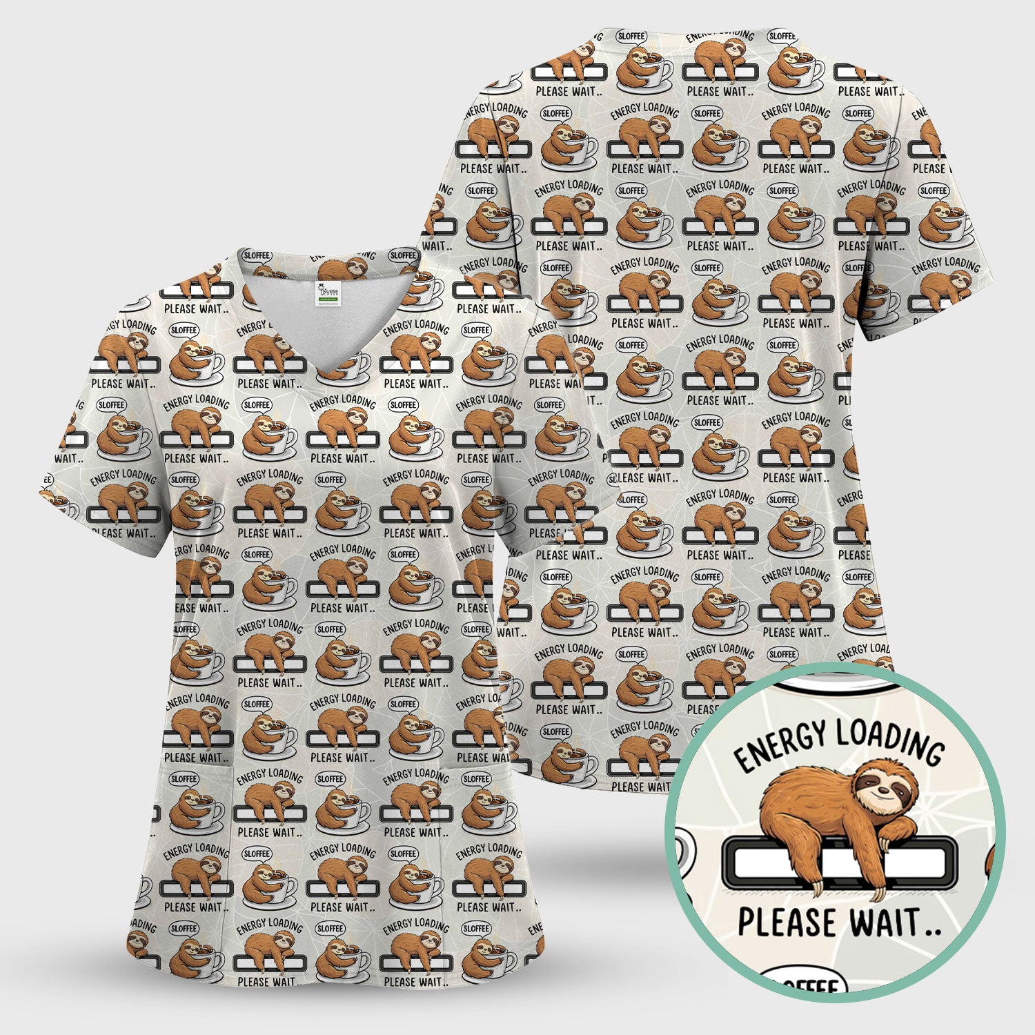 Funny Sloth Coffee Energy Loading Pattern Scrubs Sets, Scrub Pants and V Neck Top