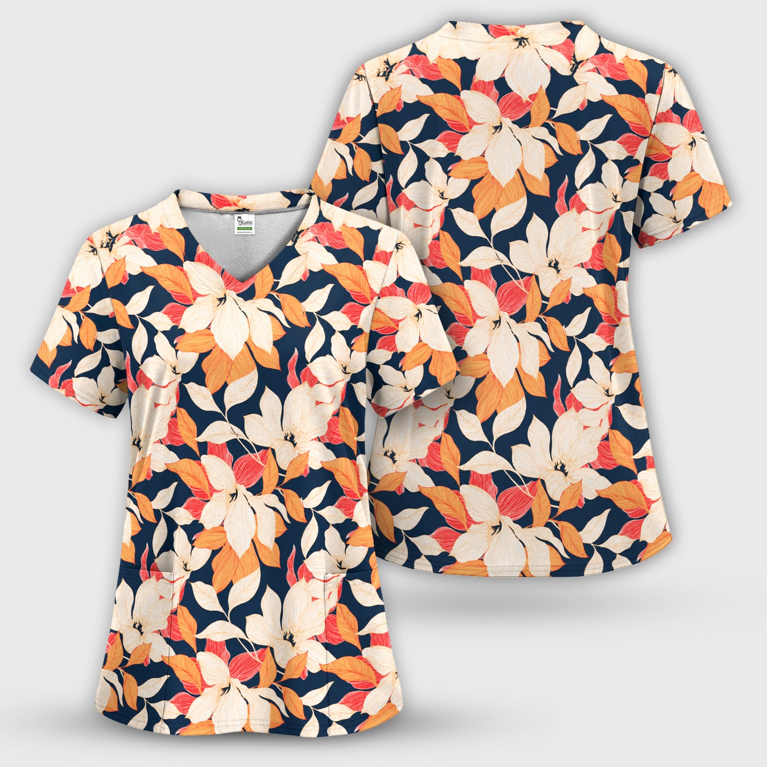 Elegant Ivory Lily Leaves Pattern Scrub Set, Scrub Pants and V Neck Top