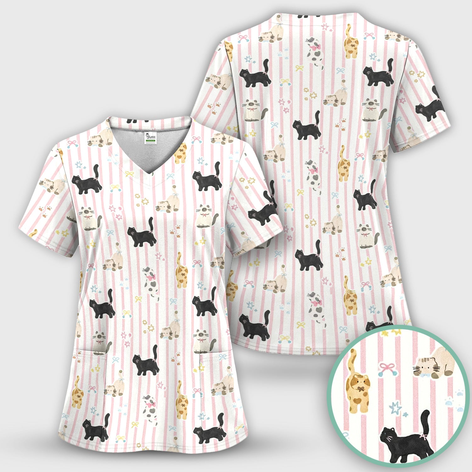 Cute Playful Cat Stripe Ribbon Pattern Scrub Set, Scrub Pants and V Neck Top