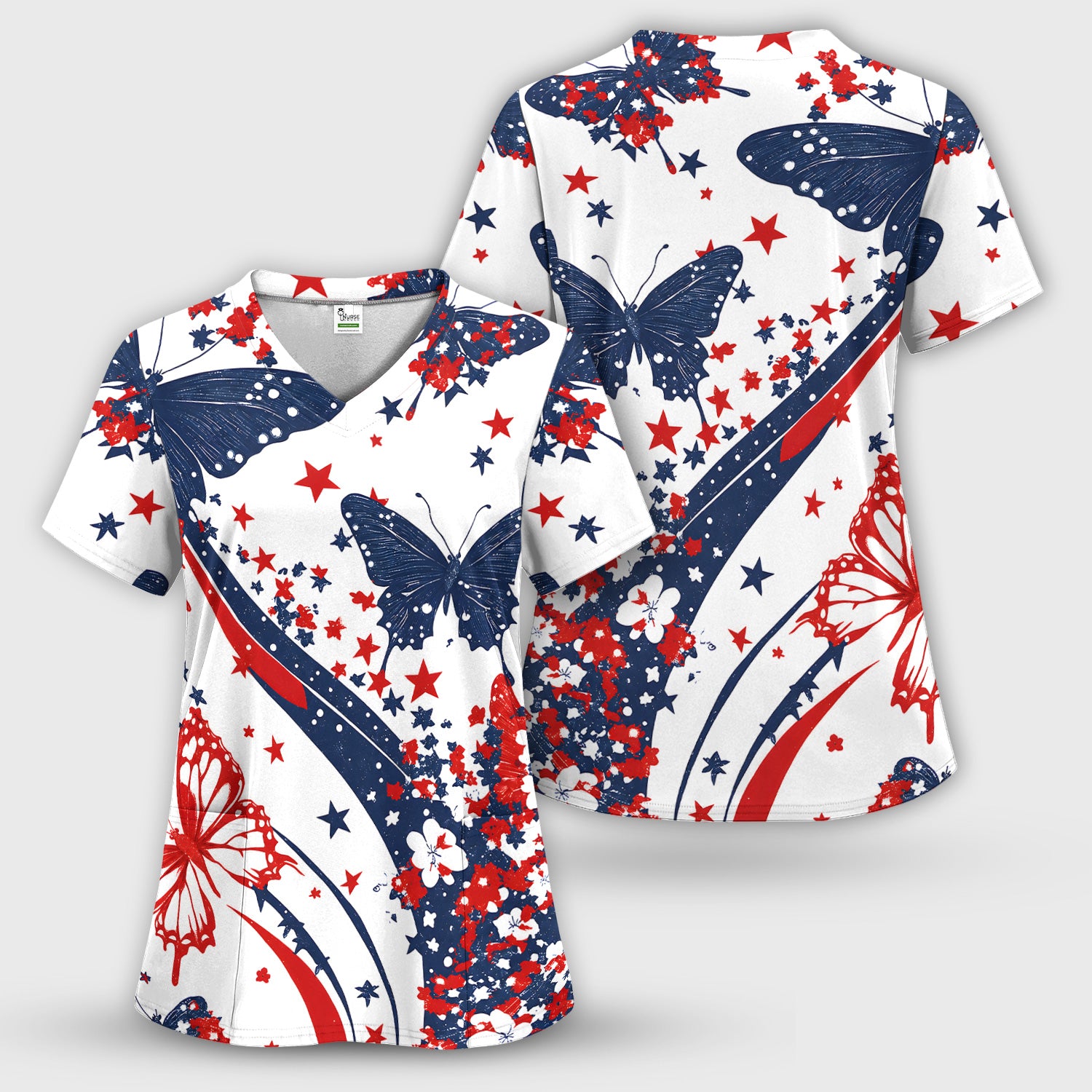 Patriotic Butterfly with Red White Blue Stars Scrub Top, Comfortable Scrubs for Nurses