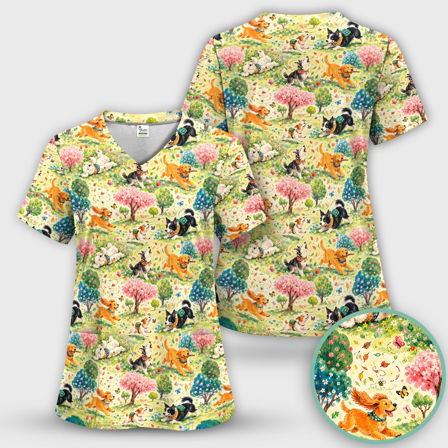 Playful Spring Garden Dogs Pattern Scrub Top, Comfortable Scrubs for Nurses