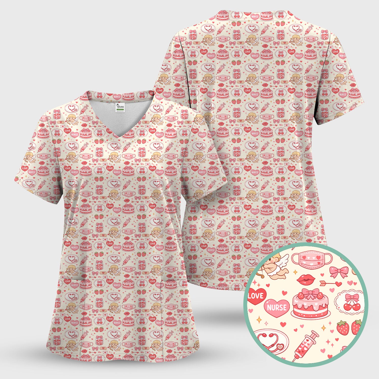 Cupid Nurse Scrub Top, Cute Love Medical Pattern Shirt For Valentine, Breathable Fabrics Nursing Uniform