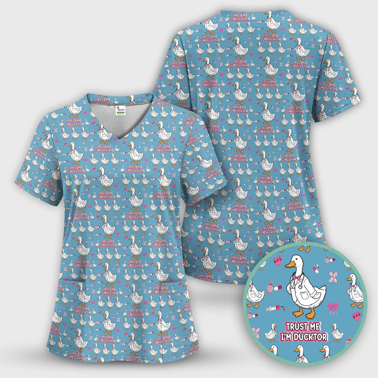 Trust Me I'm Ducktor Scrub Top, Funny Duck Pattern Scrub Shirt, Breathable Fabrics Nursing Uniform For Women