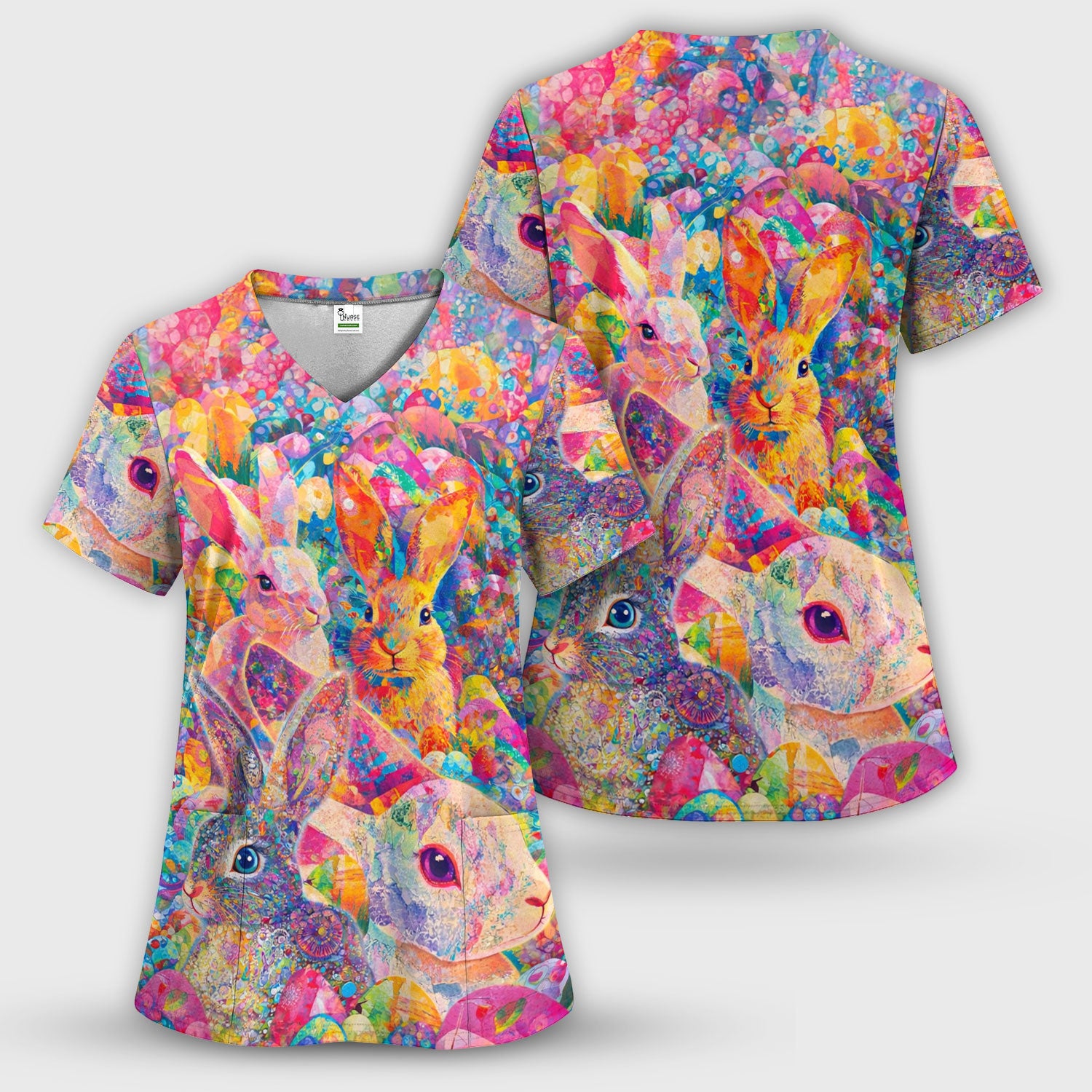 Colorful Artistic Bunny Print Scrub Top, Breathable Fabrics Nursing Uniform, Easter