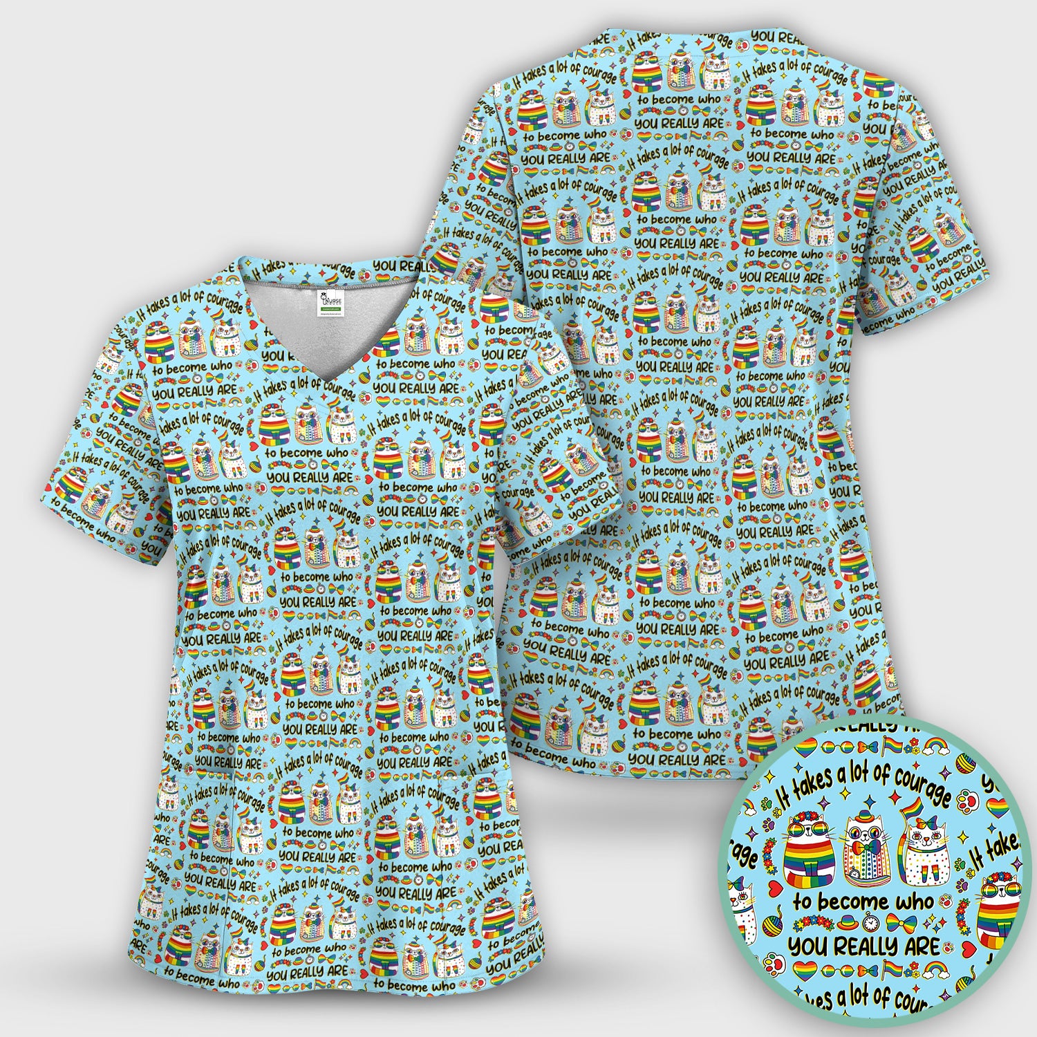 Inspirational Nurse Rainbow Cat Courage Quote Pattern Scrub Top, Breathable Fabrics Nursing Uniform