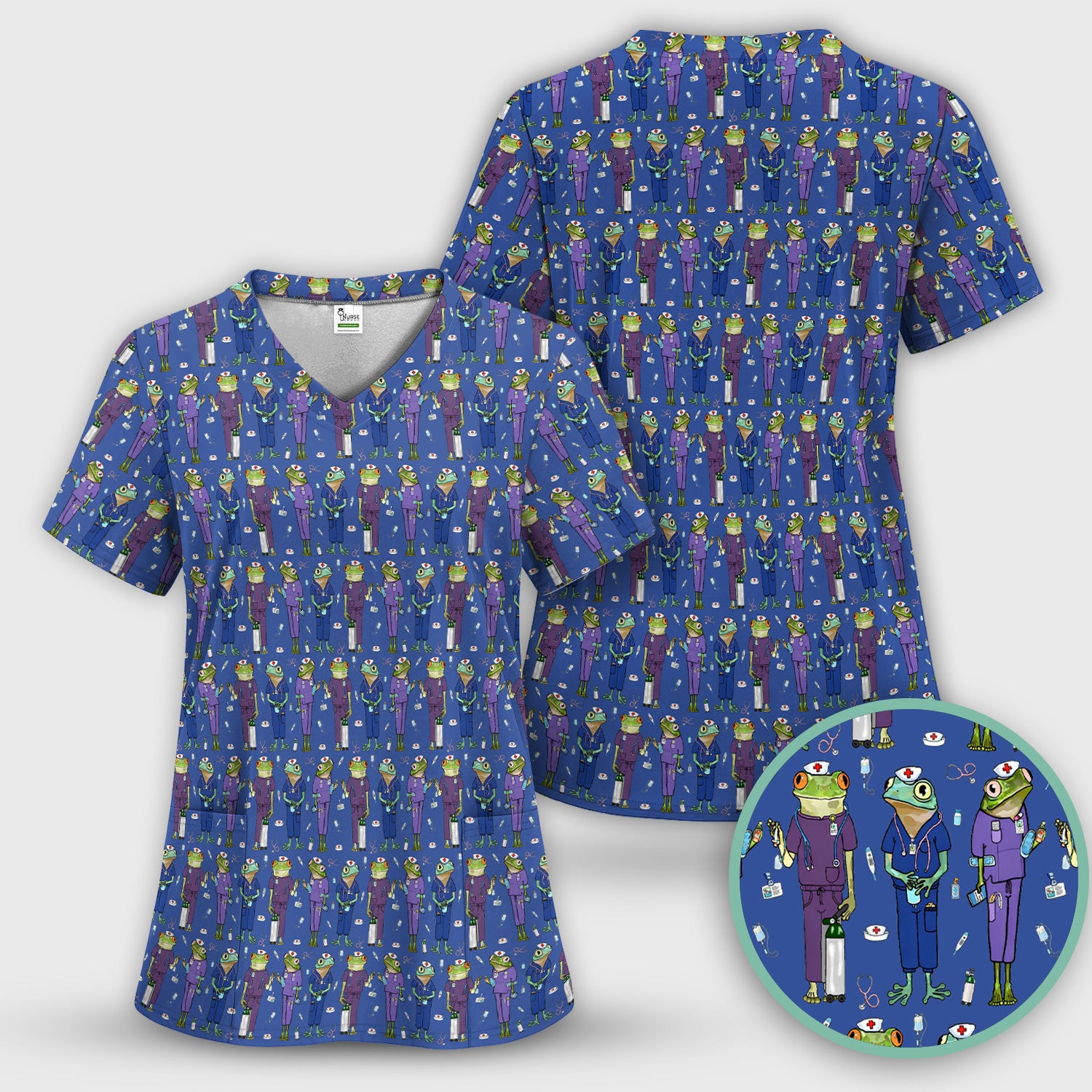 Funny Frog Nurse Pattern V Neck Scrub Top for Healthcare Workers