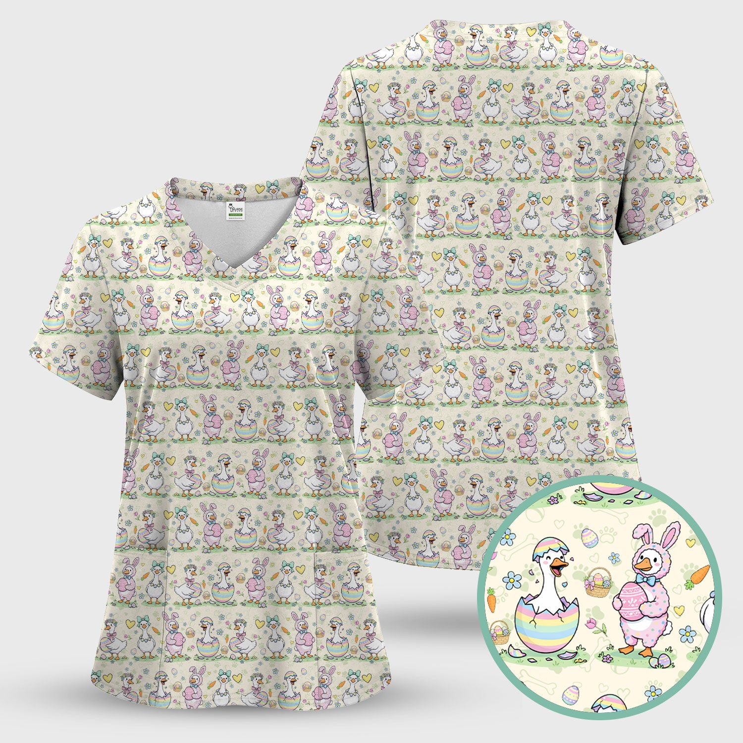 Pastel Easter Goose Bunny Egg Pattern Scrub Top, Comfortable Scrubs for Nurses