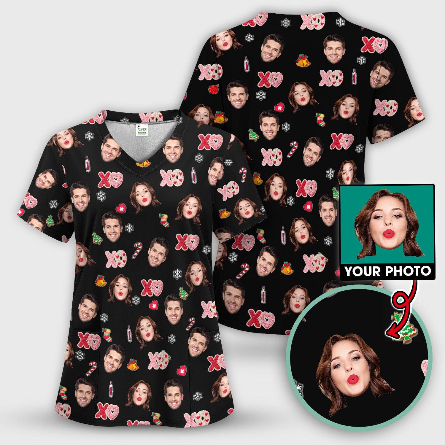 Personalized Photo Scrub Top, Custom Face XOXO Scrub Shirt, Breathable Fabrics Nursing Uniform