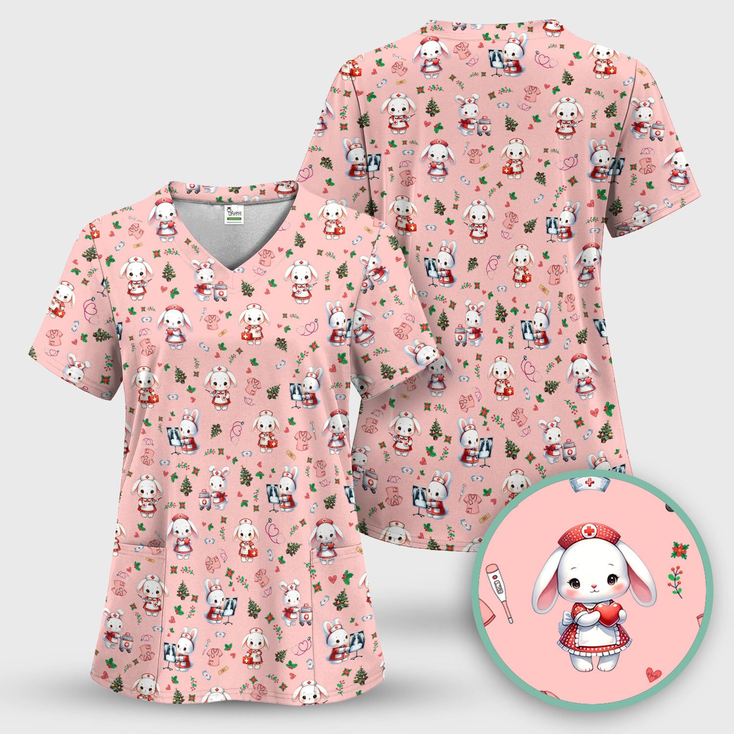 Cute Bunny Scrub Top for Nurse - Adorable Christmas Rabbit Shirt - Funny Holiday Medical Shirt Gift for Women RN LPN CNA