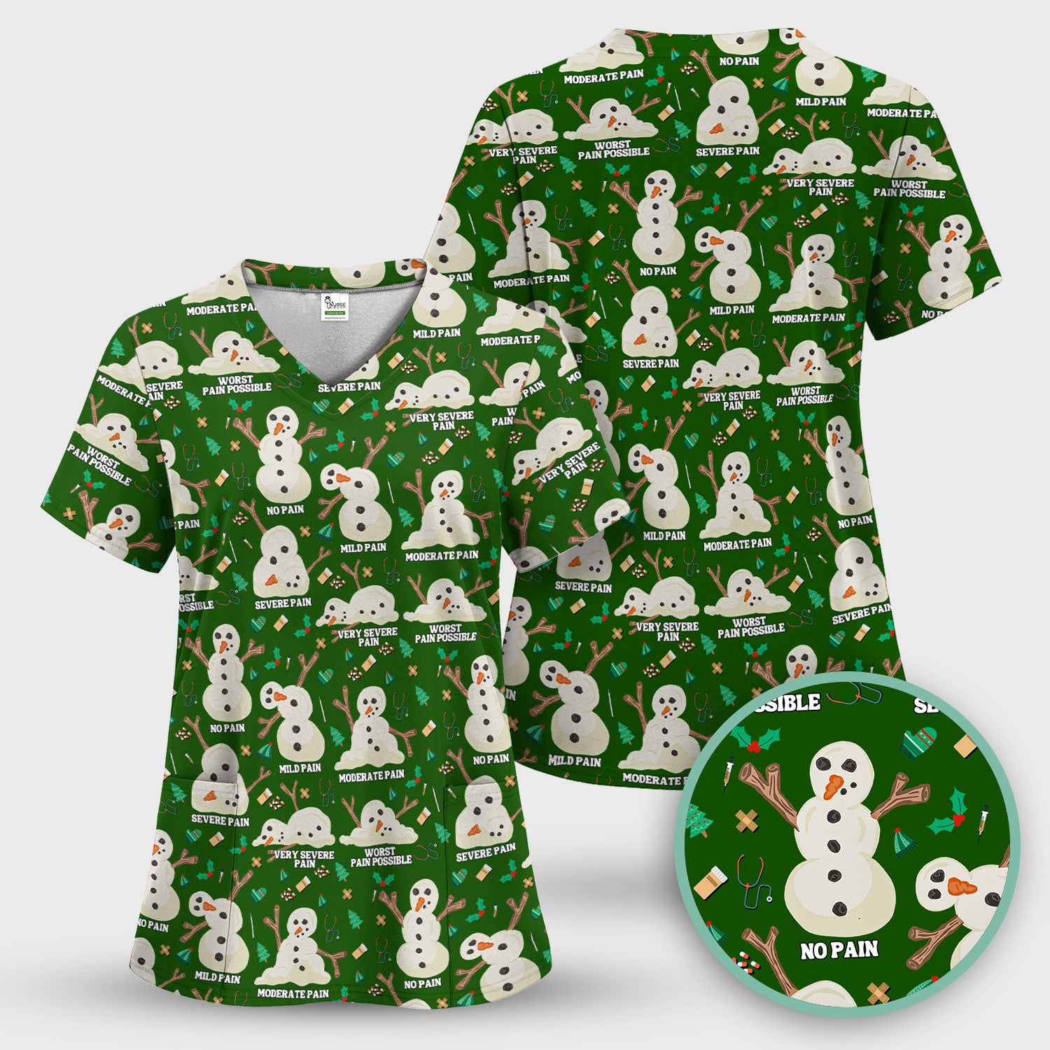 Funny Snowman Pain Scale Scrub Top for Nurse - Christmas Medical Shirt for Women RN LPN CNA - Cute Winter Nursing Uniform