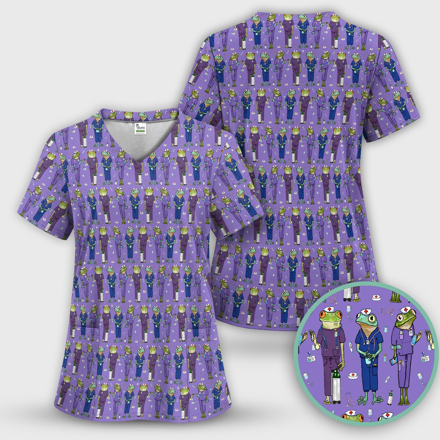 Funny Frog Nurse Pattern V Neck Scrub Top for Healthcare Workers