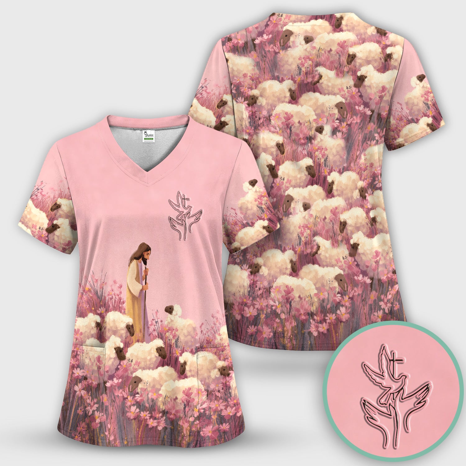 Christian Shepherd With Lambs Pattern Scrub Top, Comfortable Scrubs for Nurses