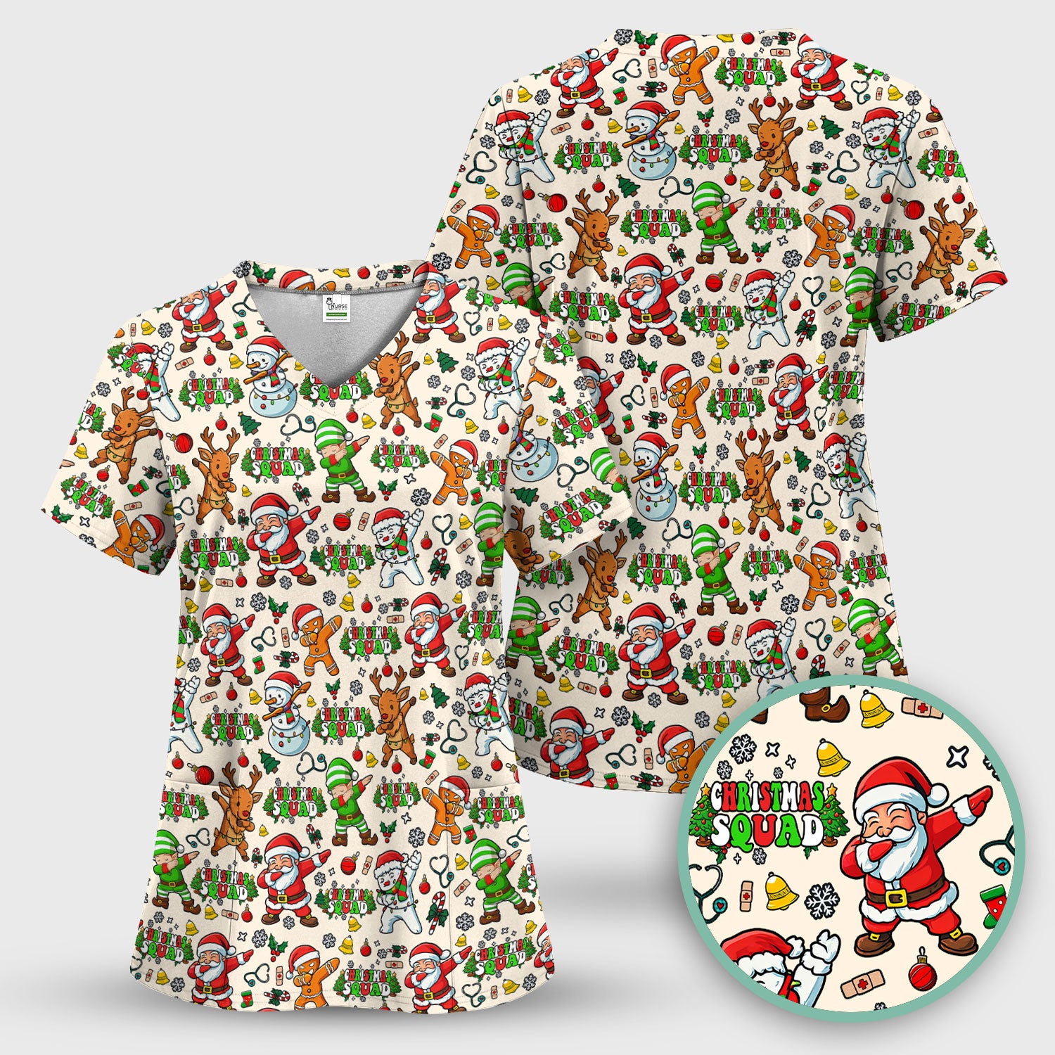 Christmas Squad Scrub Top - Funny Santa & Reindeer Shirt - Cute Holiday Medical Uniform for Nurses, Doctors & Vet Techs