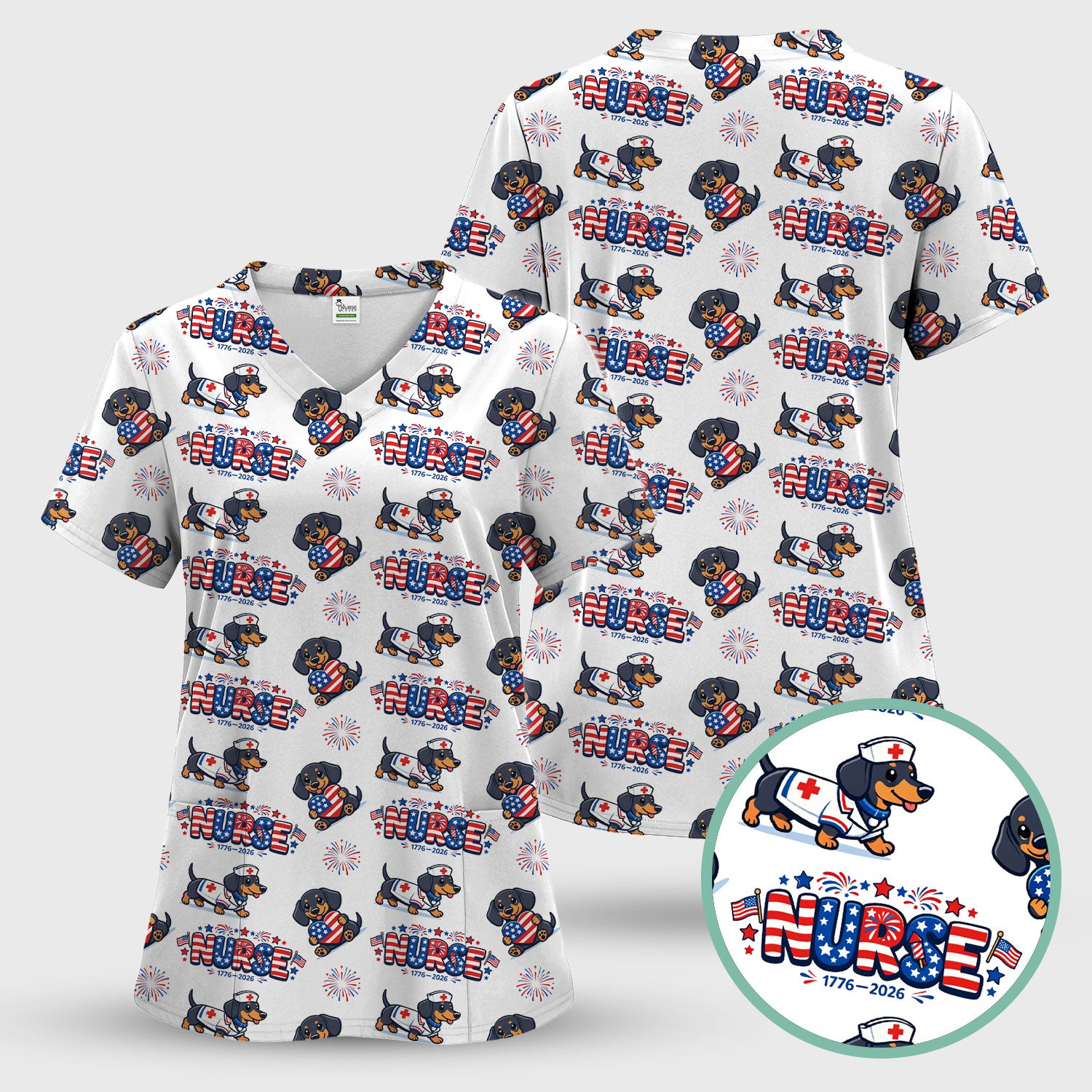 Proud Nurse Patriotic Dachshund Medical Firework Pattern Scrub Set, Nurse Uniform Scrubs Set