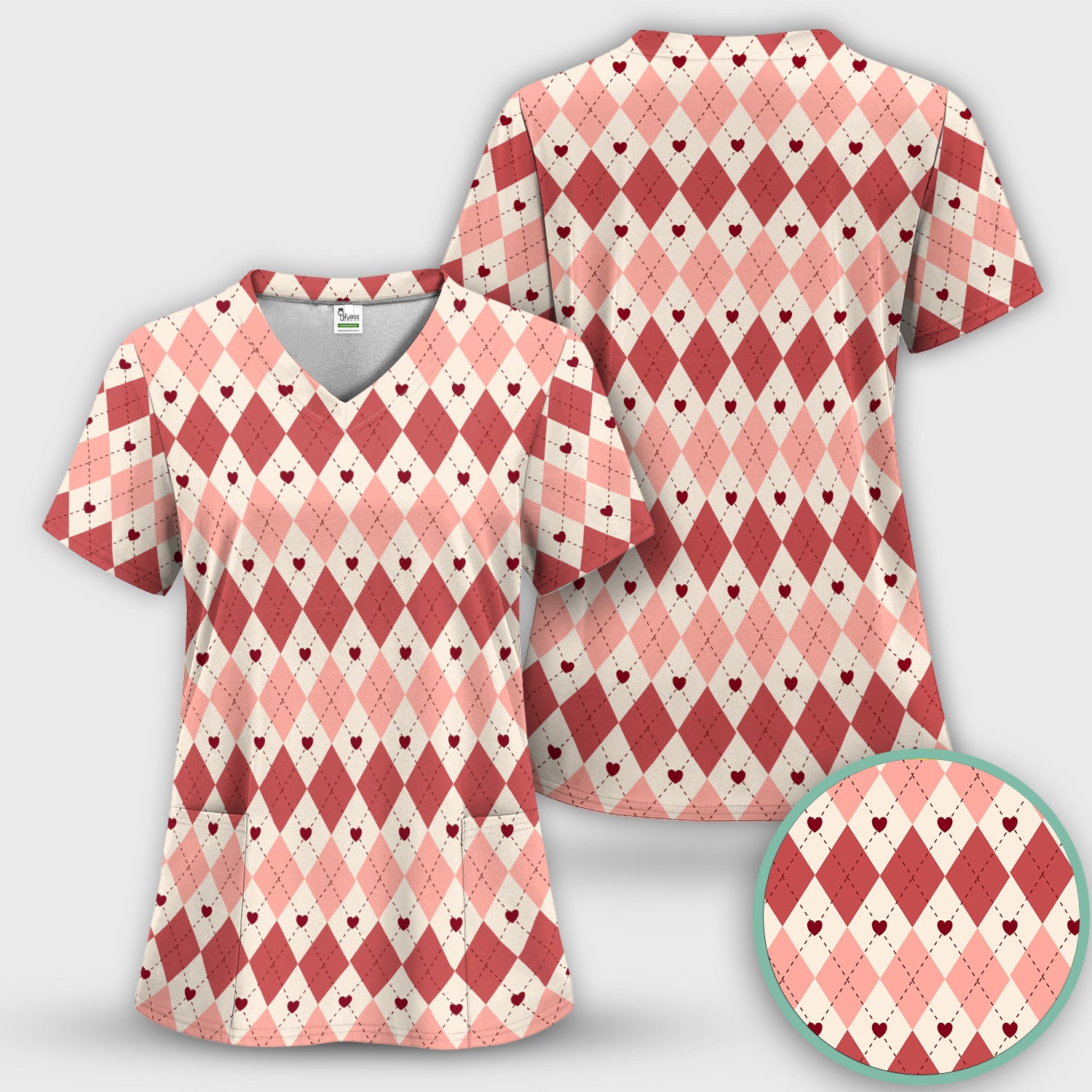 Red Argyle Plaid Pattern Scrubs Sets, Scrub Pants and V Neck Top