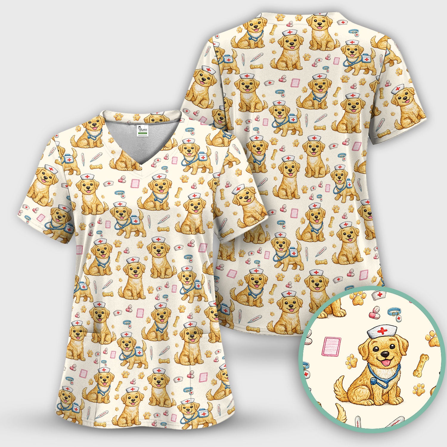 Cute Puppy Nurse Medical Print Scrub Top, Comfortable Scrubs for Nurses