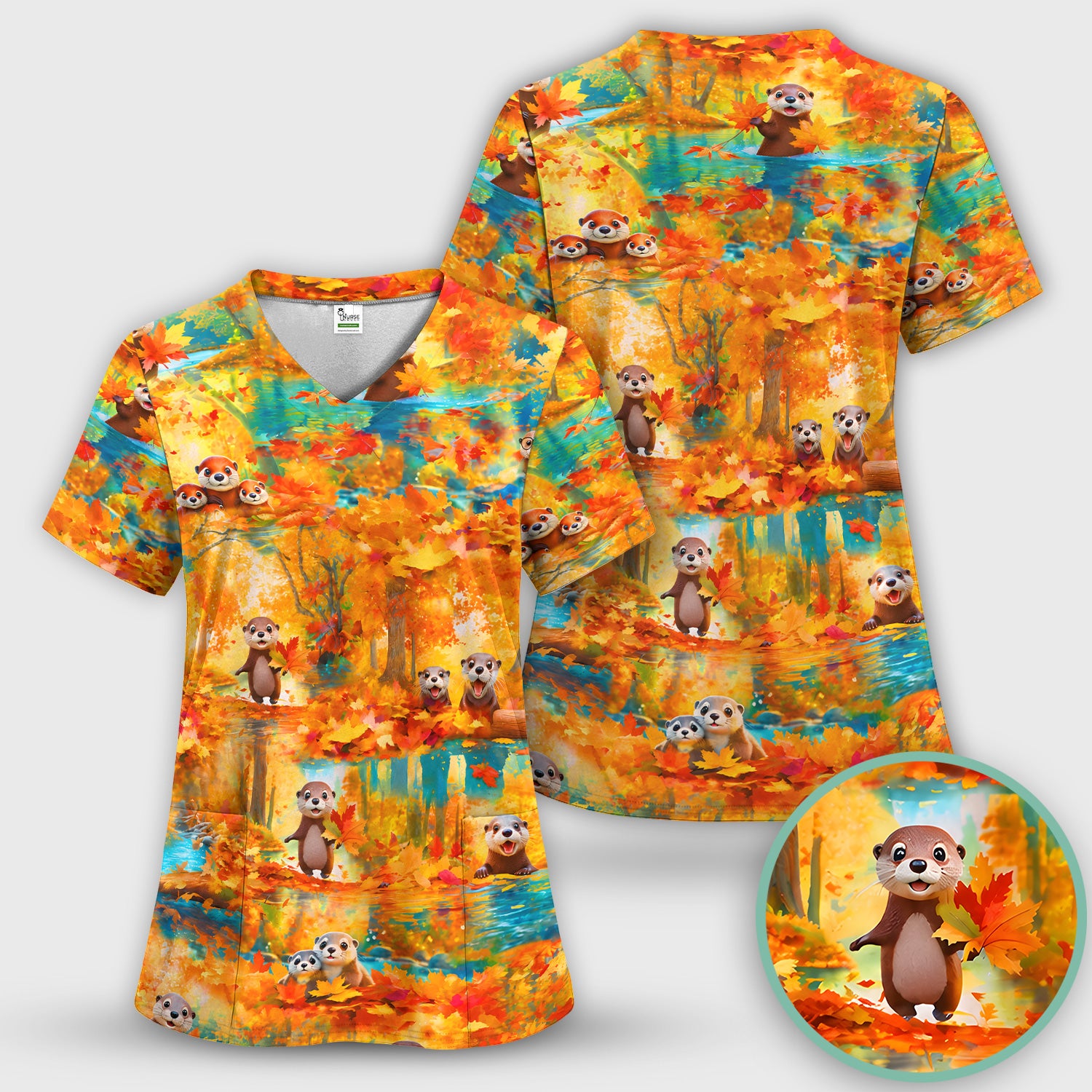 Cute Autumn Otter Leaf Forest Pattern Scrub Top, Comfortable Scrubs for Nurses