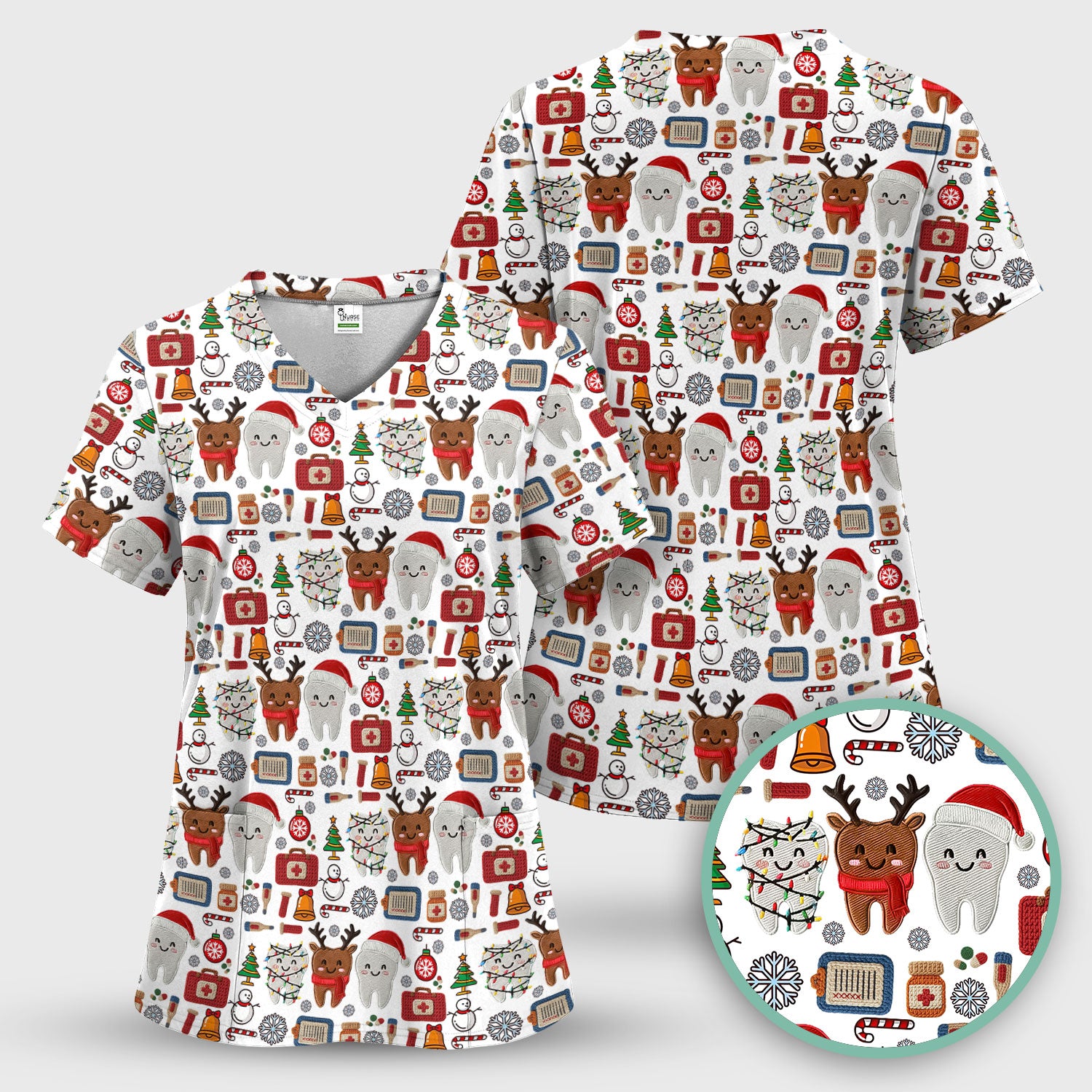 Christmas Dental Scrub Top - Cute Santa & Reindeer Tooth Shirt - Funny Holiday Medical Uniform for Dentists, Hygienists & Nurses
