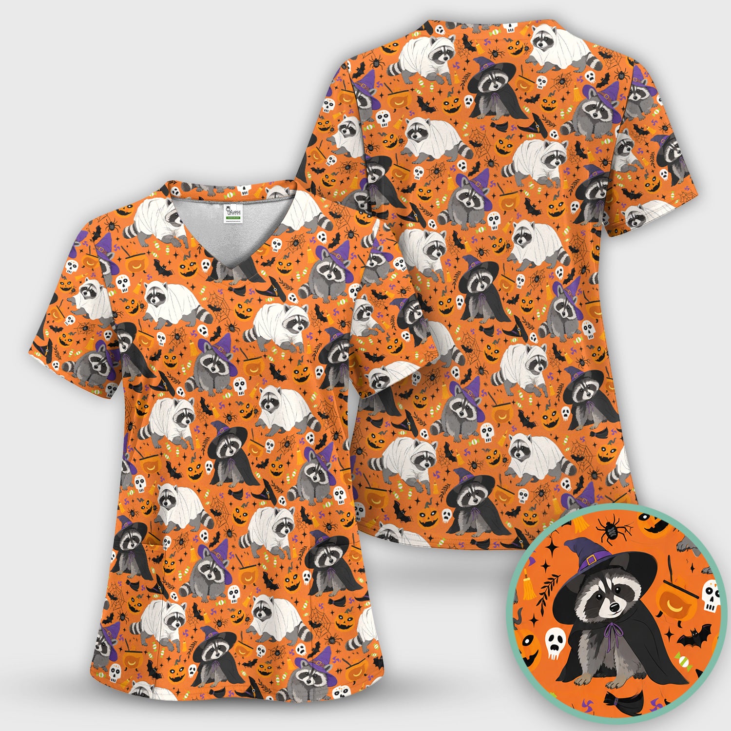 Cute Halloween Raccoon Costumes Print Scrub Top, Comfortable Scrubs for Nurses