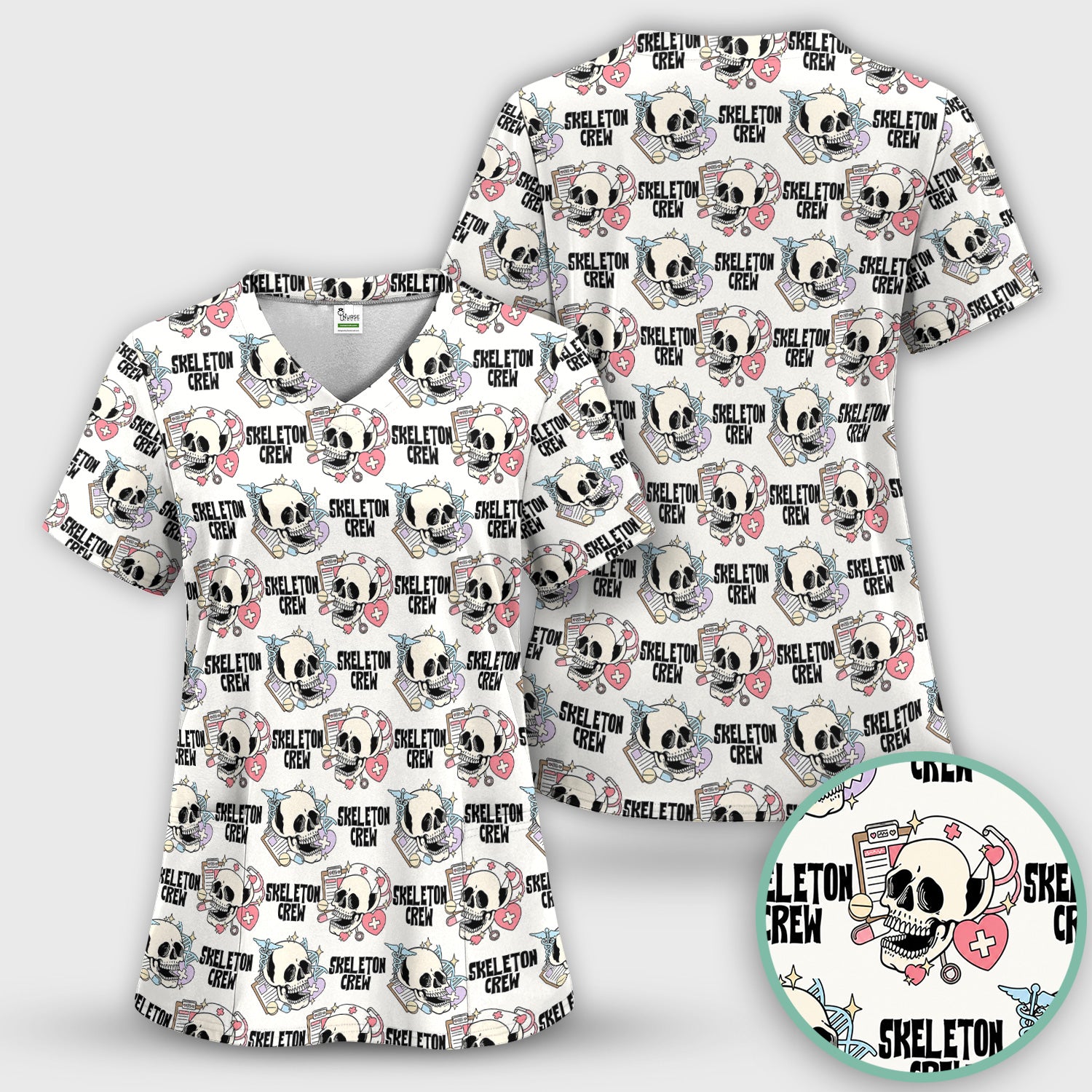 Funny Halloween Skeleton Crew Scrub Set, Scrub Pants and V Neck Top