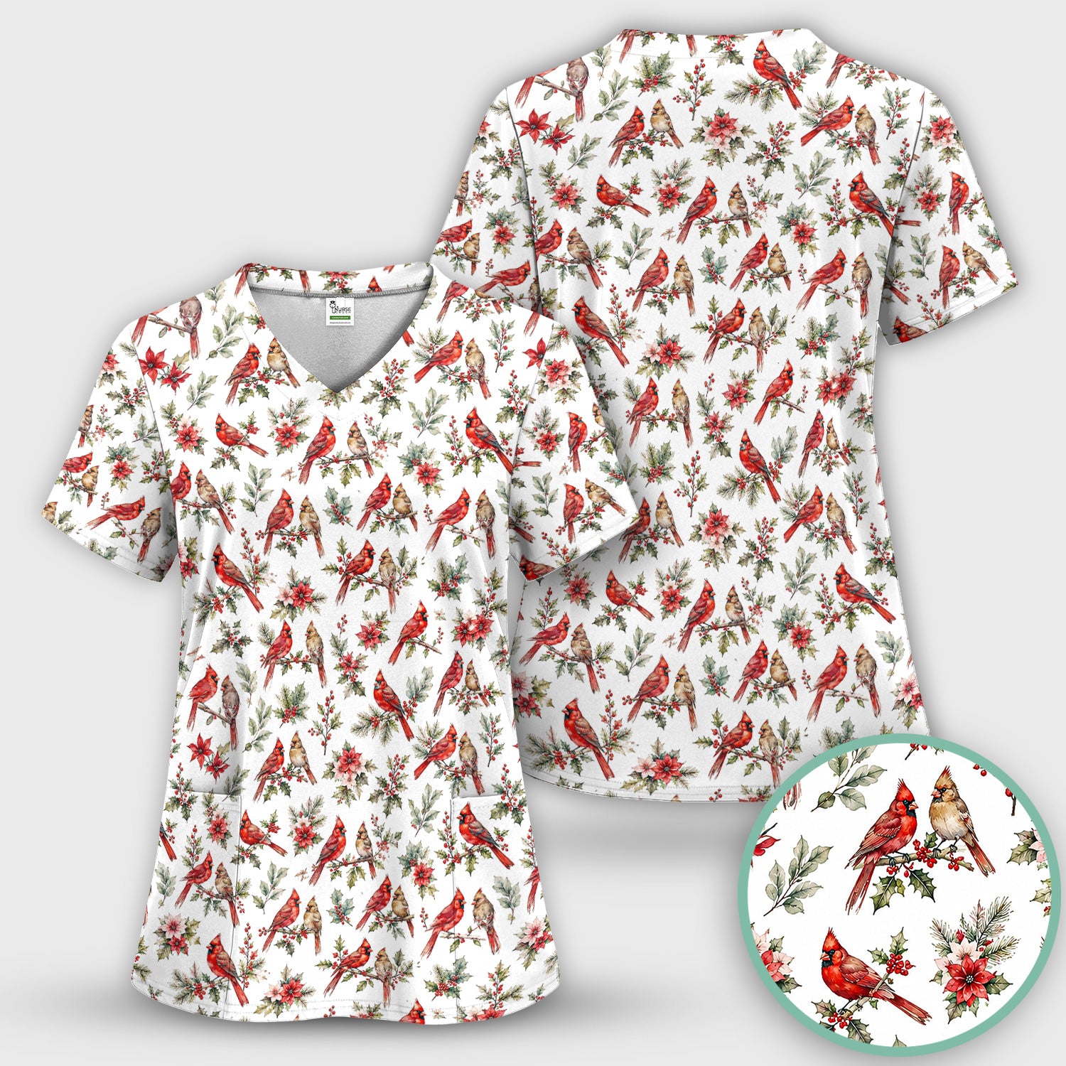 Festive Cardinal and Holly Scrub Set, Scrub Pants and V Neck Top