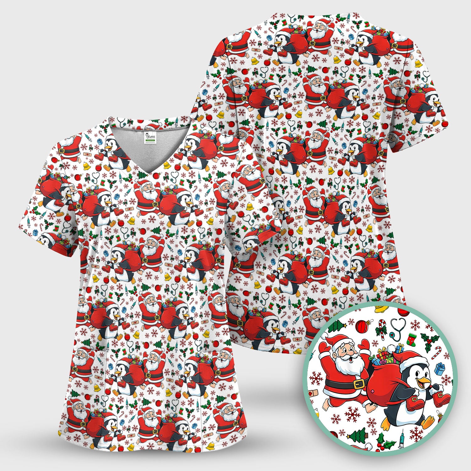 Funny Penguin Christmas Scrub Top - Santa Holiday Nurse Uniform for Women - Medical Gift for RN CNA LPN