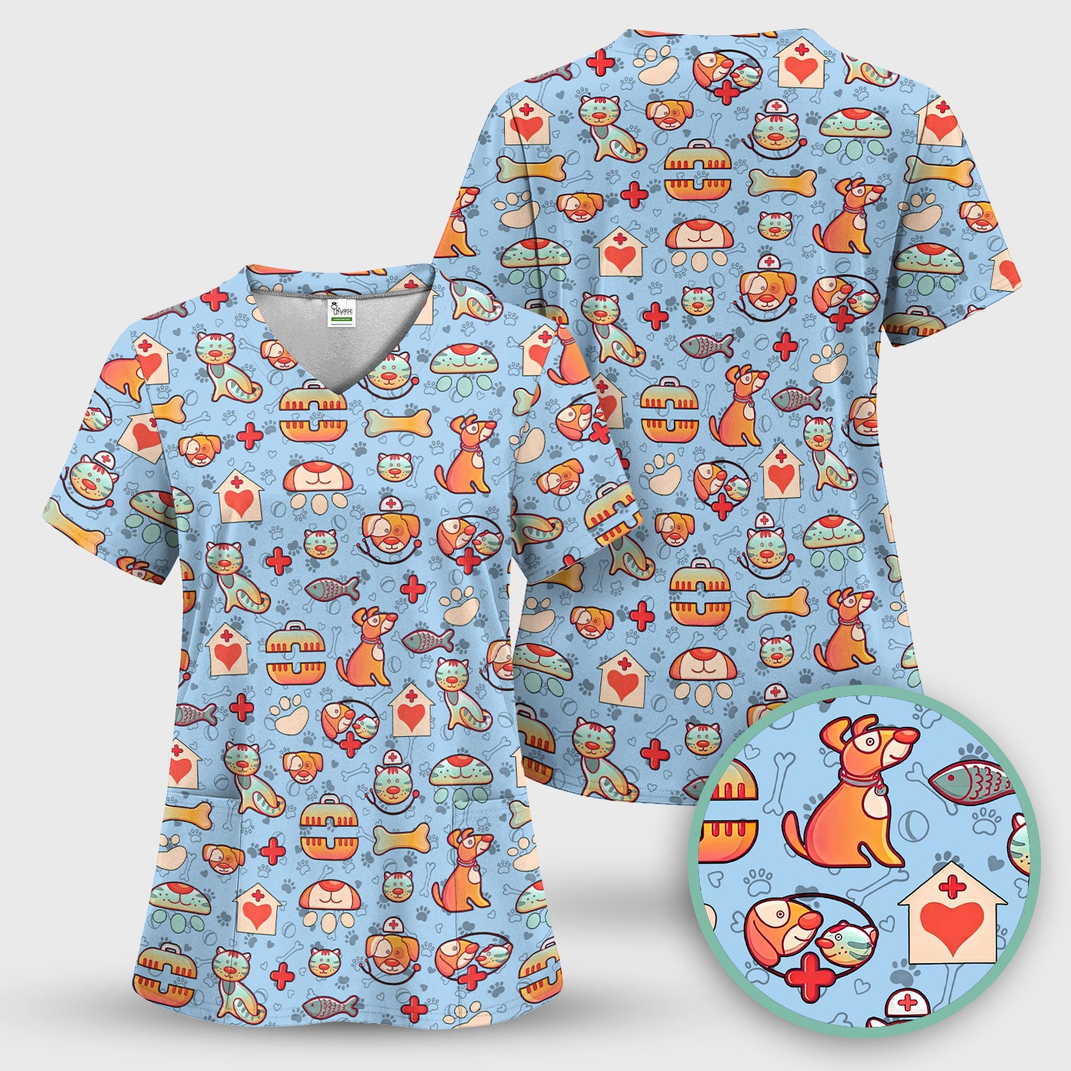 Veterinary Nurse Scrub Top - Cute Cat Dog Paw Print Medical Shirt - Fun Animal Pattern Vet Tech Scrubs for Women RN CNA
