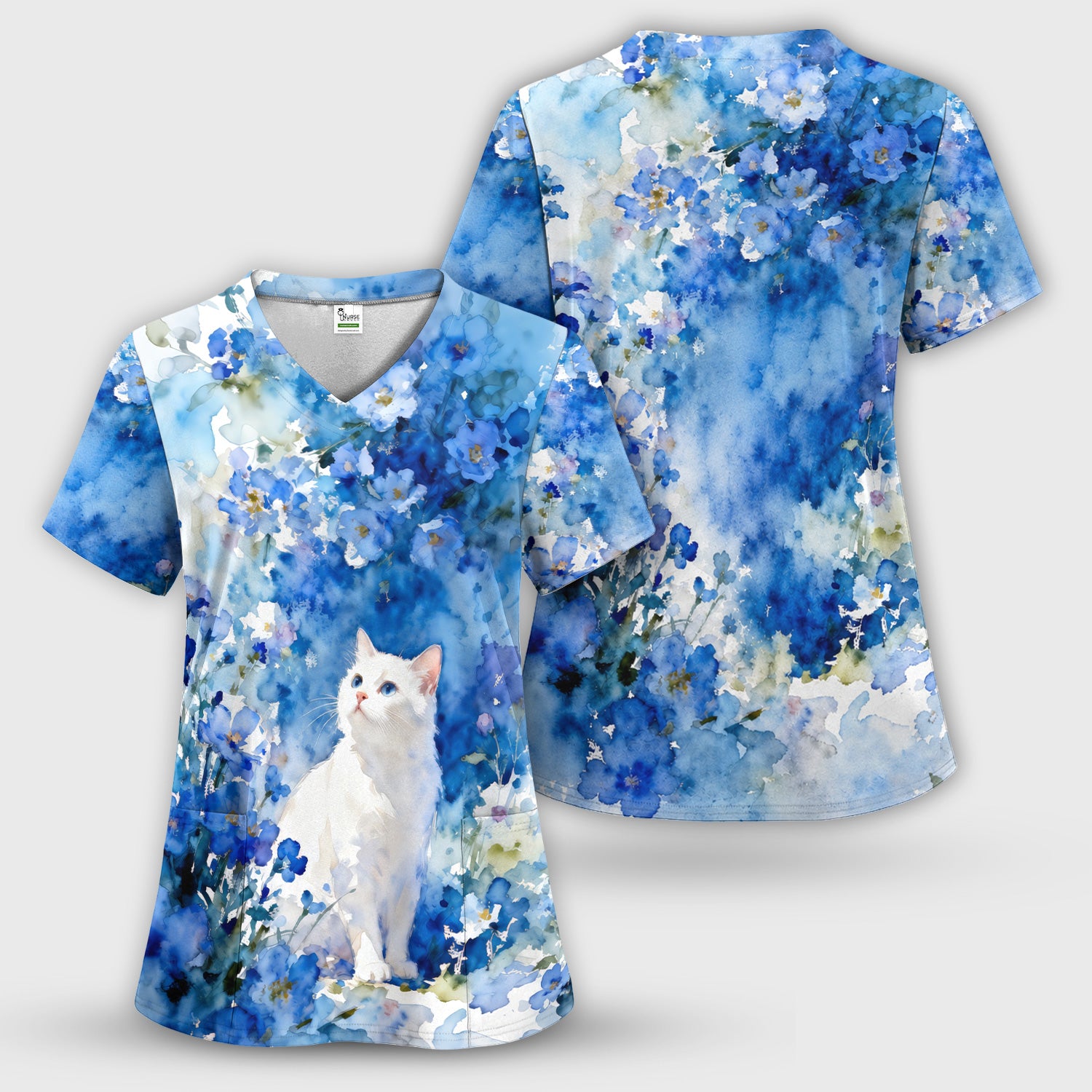 Adorable Blue Floral White Cat Pattern Scrub Top, Comfortable Scrubs for Nurses