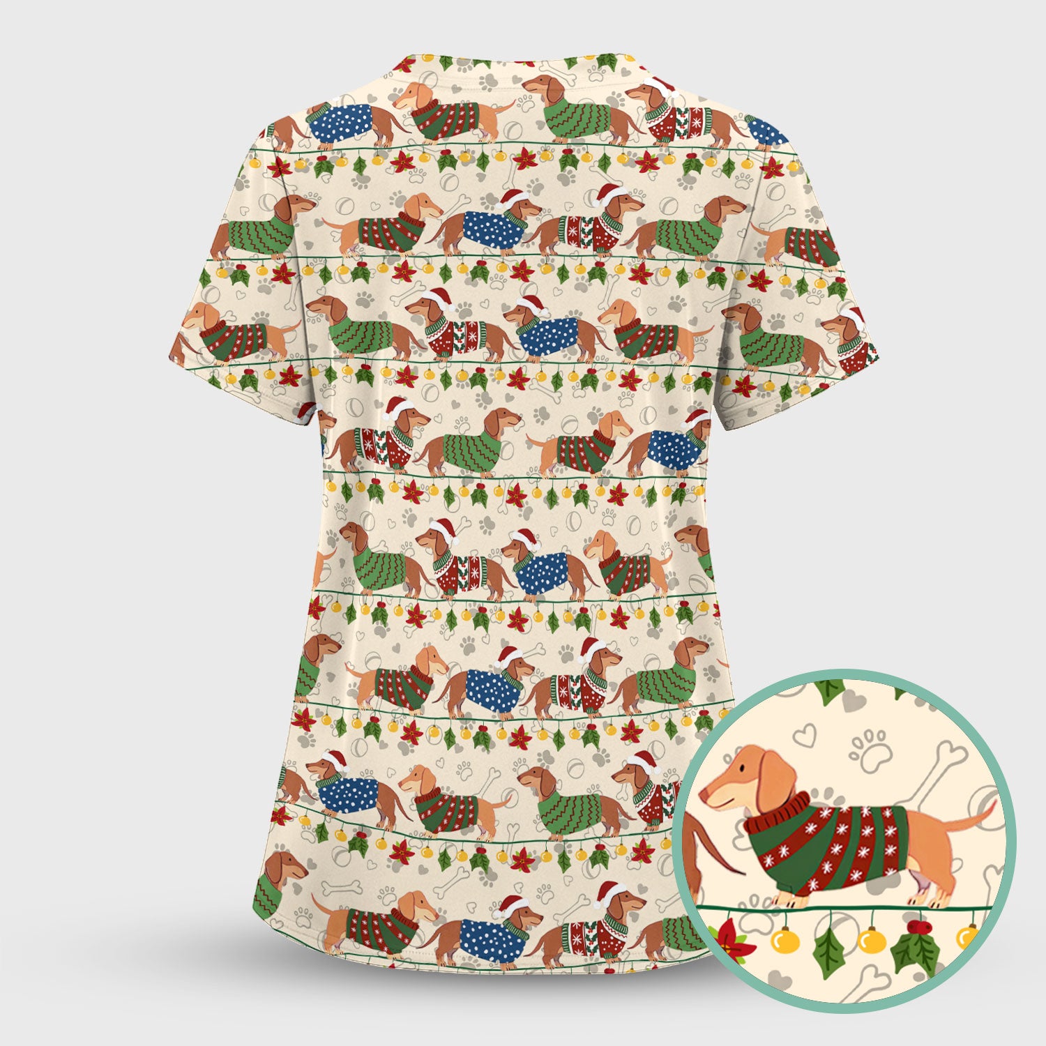 Christmas Dachshund Scrub Top - Cute Dog Print Scrubs for Women, Men Multi Color - Holiday Scrub Shirt Gift for Nurse, CNA, RN, Doctor