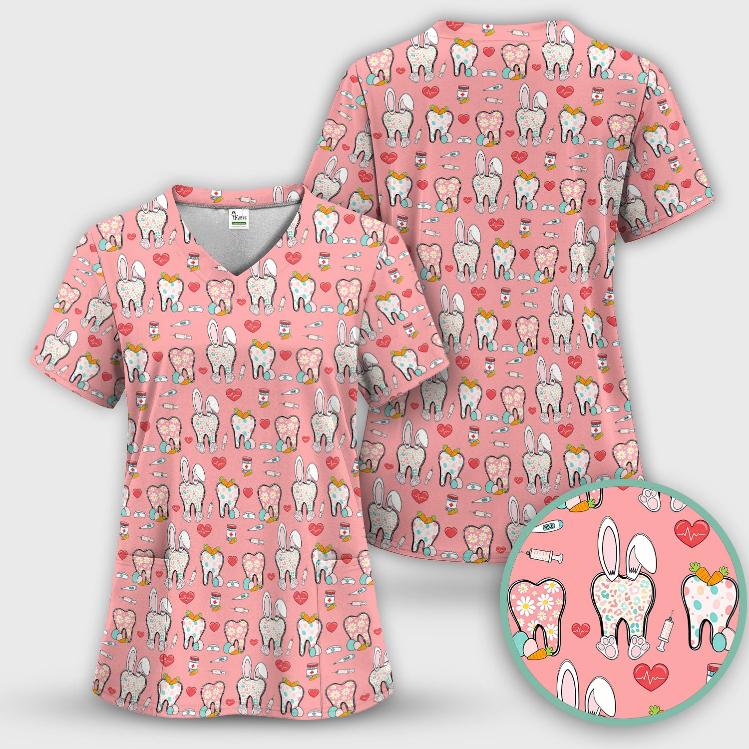 Playful Bunny Dentist Illustration Medical Scrub Top, Comfortable Scrubs for Nurses, Easter