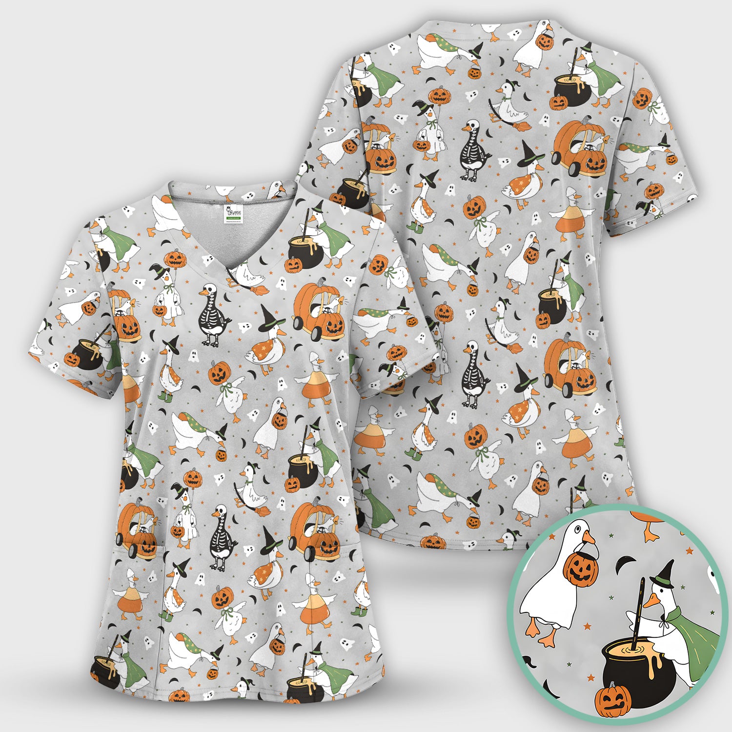 Goose with Pumpkin Checkered Print Scrub Top, Comfortable Scrubs for Nurses